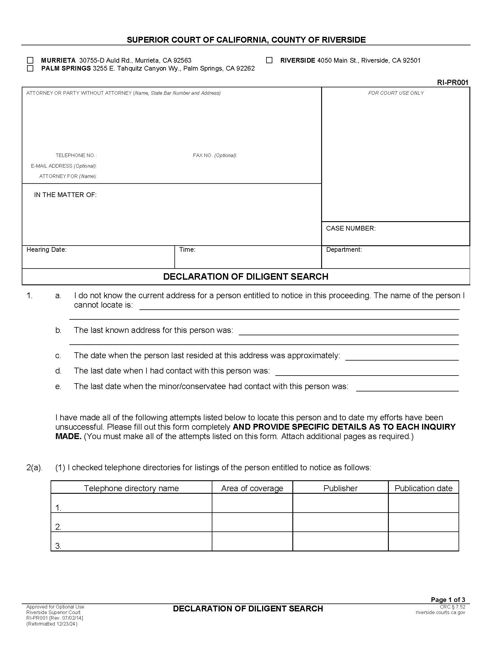 Declaration Of Diligent Search {RI-PR001} | Pdf Fpdf Docx | California