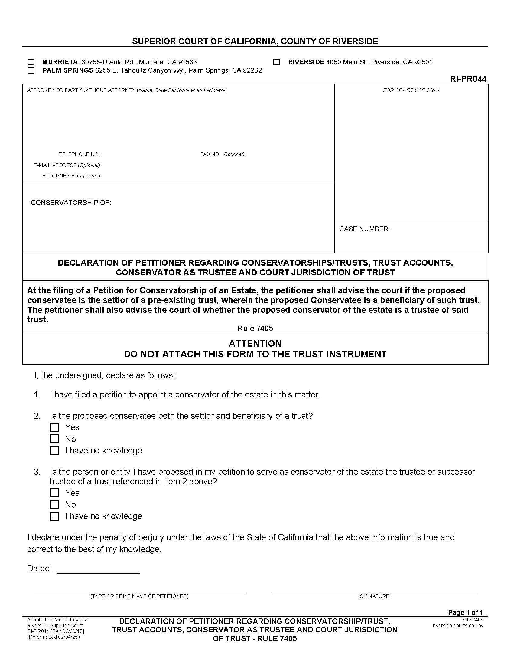 Declaration Of Petitioner Regarding Conservatorship-Trust Trust Accounts Conservator As Trustee {RI-PR044} | Pdf Fpdf Docx | California