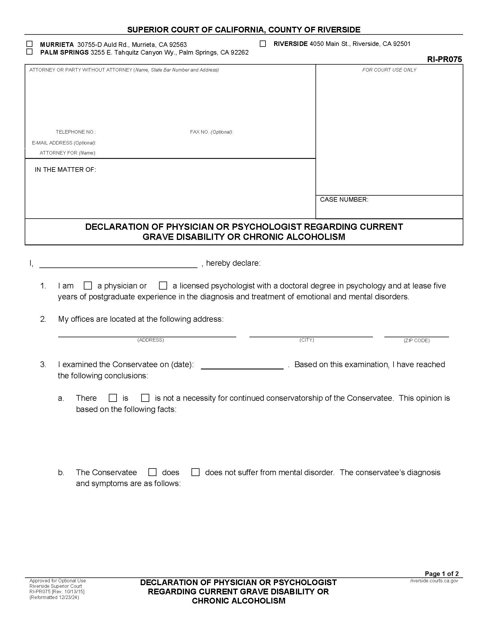 Declaration Of Physician Or Psychologist Regarding Current Grave Disability {RI-PR075} | Pdf Fpdf Docx | California