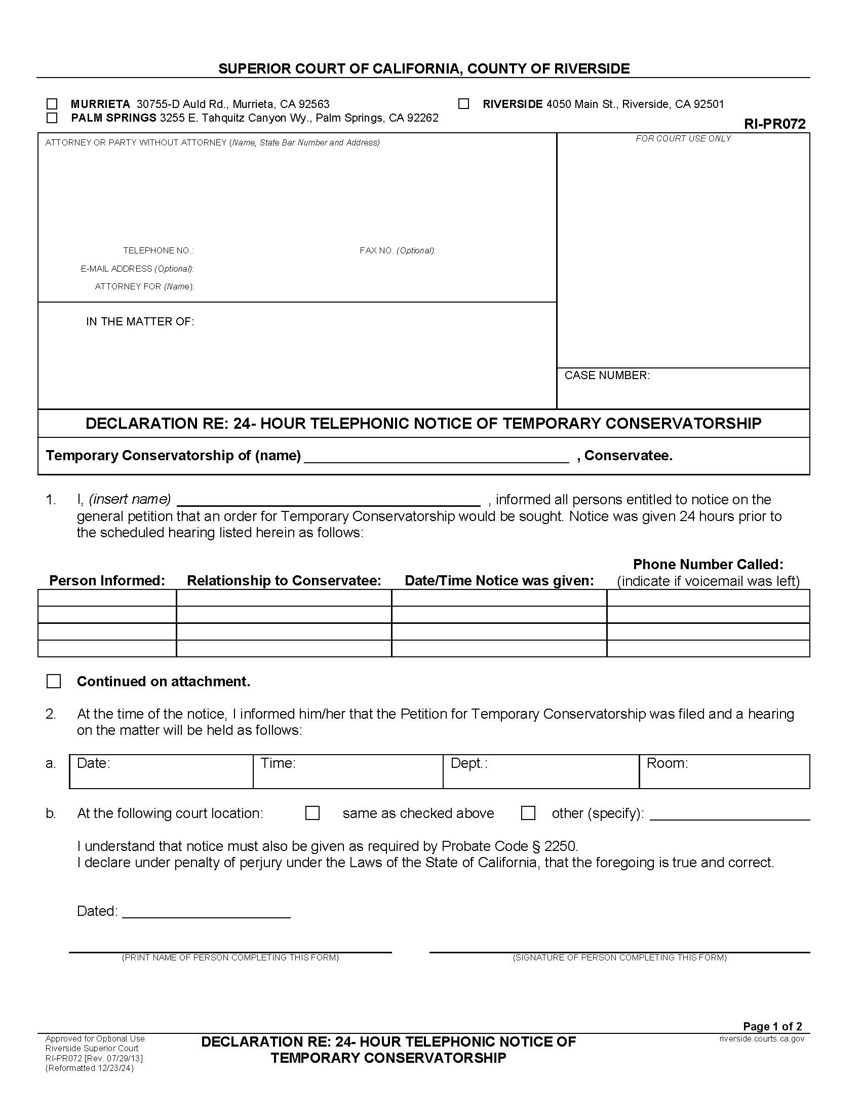 Declaration Re 24-Hour Telephonic Notice Of Temporary Conservatorship {RI-PR072} | Pdf Fpdf Docx | California