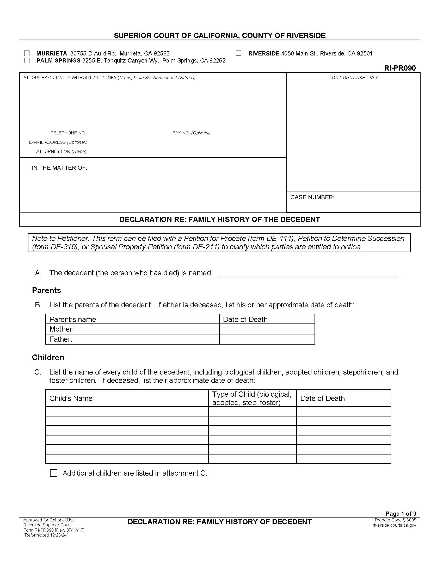 Declaration Re Family History Of Decedent {RI-PR090} | Pdf Fpdf Docx | California