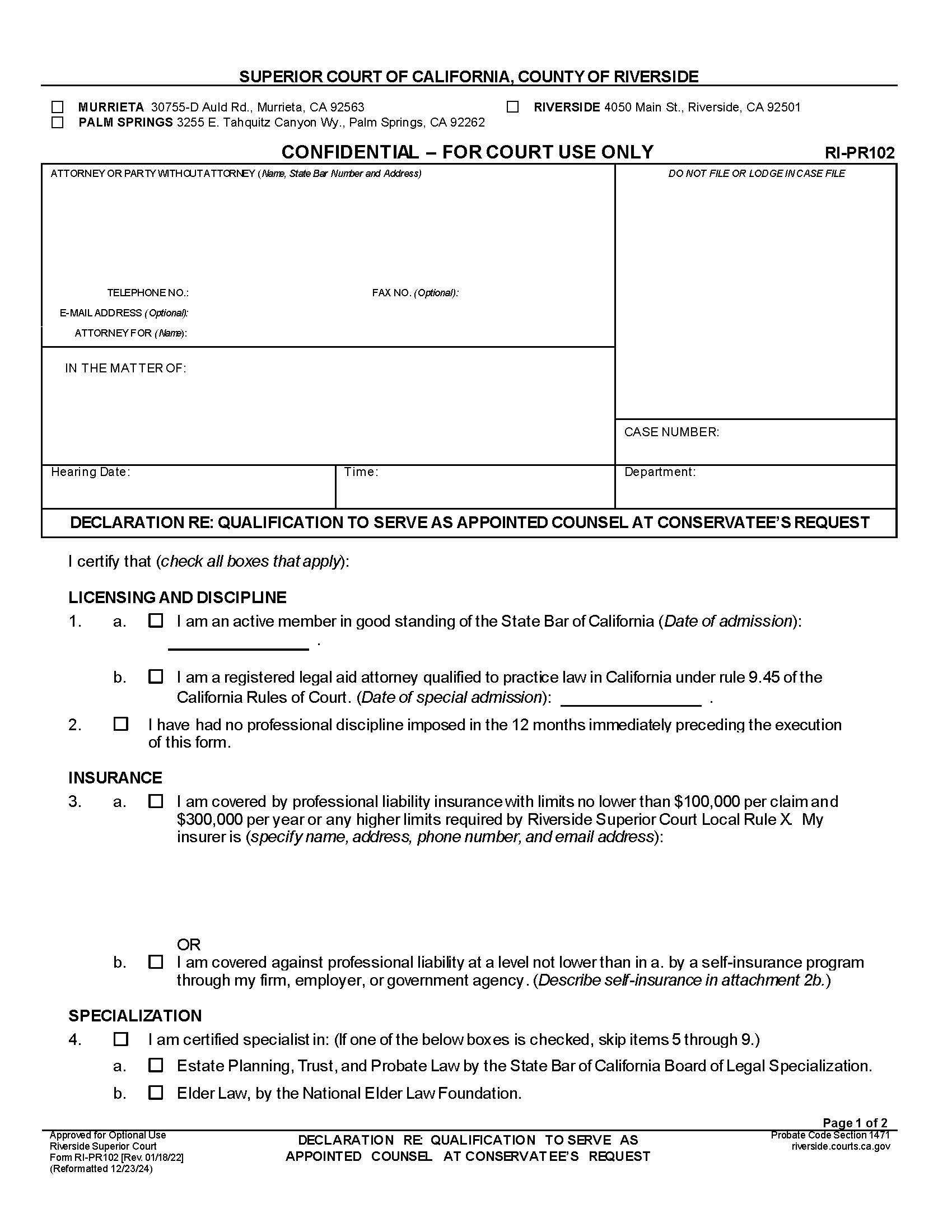 Declaration Re Qualification To Serve As Appointed Counsel At Conservatees Request {RI-PR102} | Pdf Fpdf Docx | California