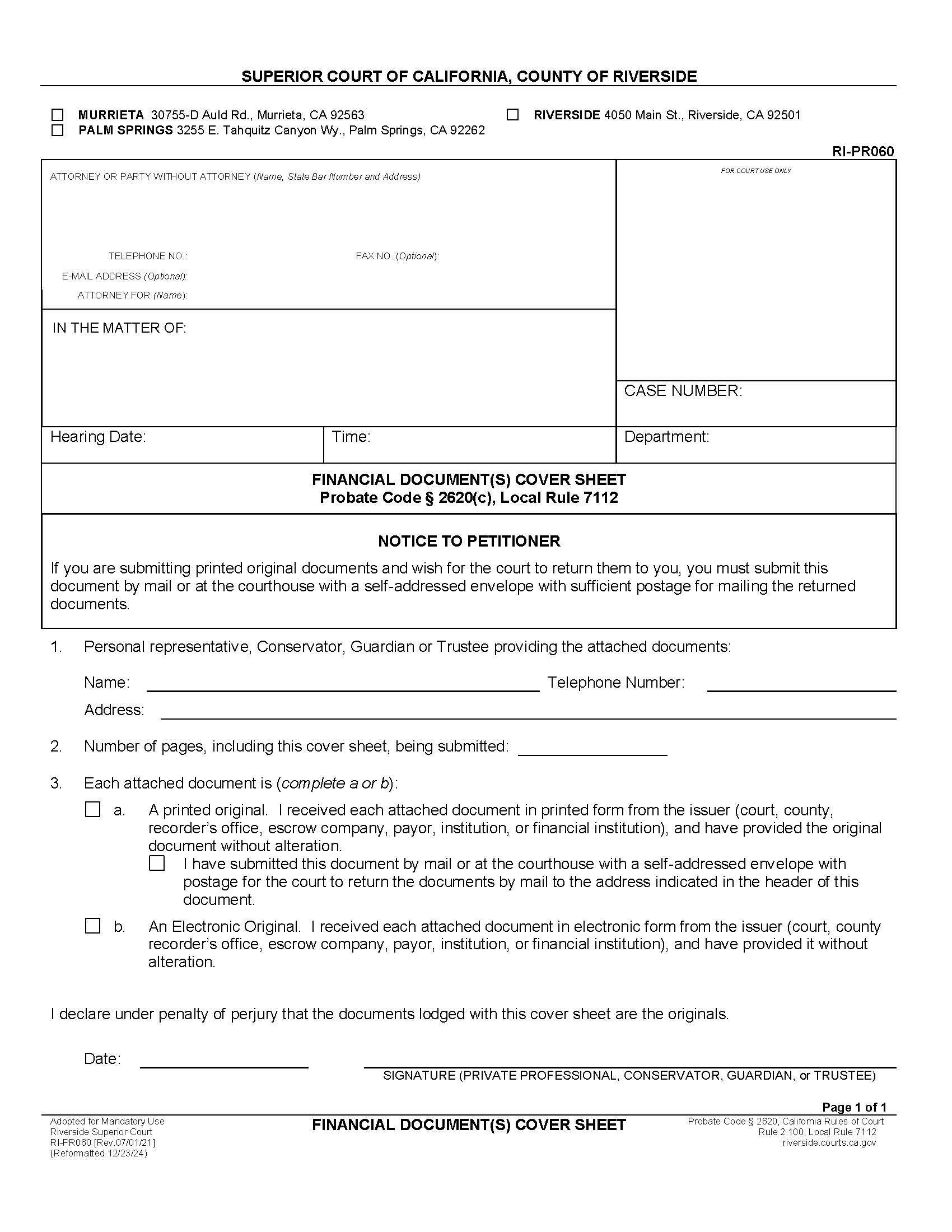 Financial Document(s) Cover Sheet {RI-PR060} | Pdf Fpdf Docx | California
