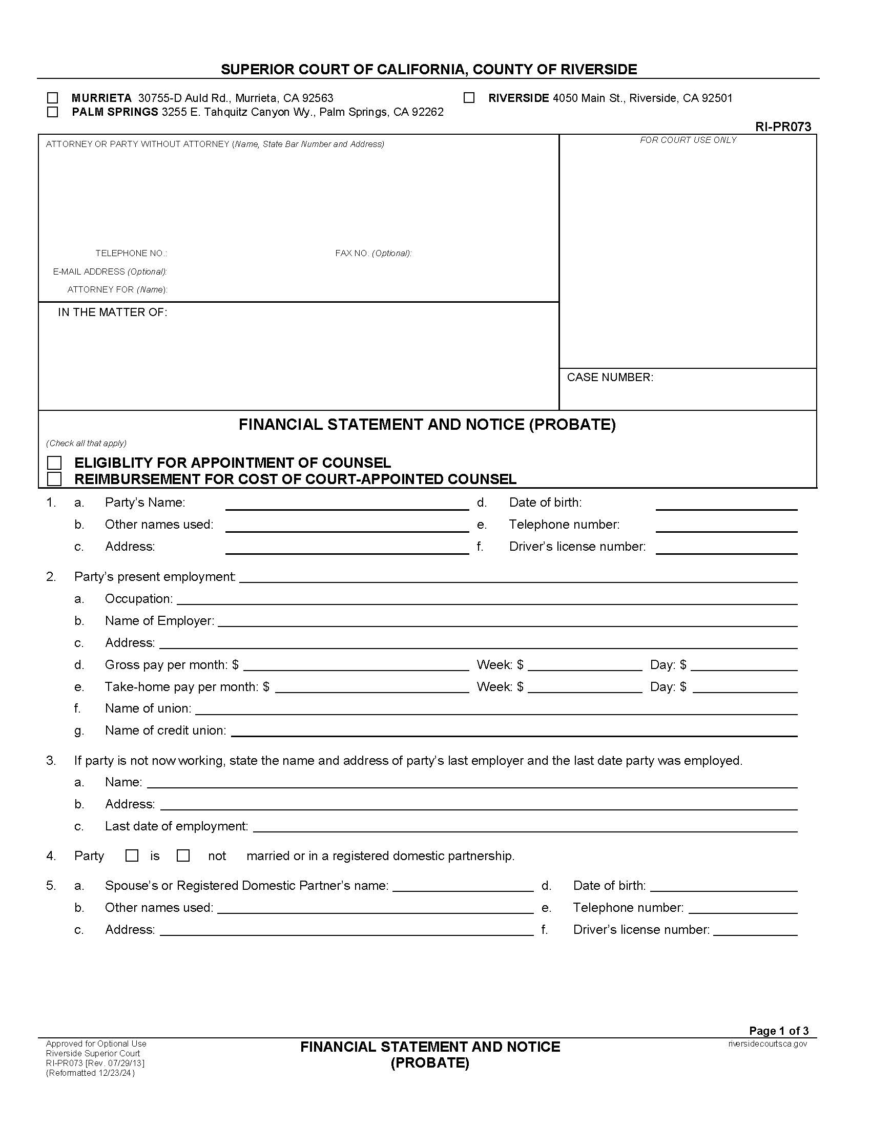 Financial Statement And Notice (Probate) {RI-PR073} | Pdf Fpdf Docx | California