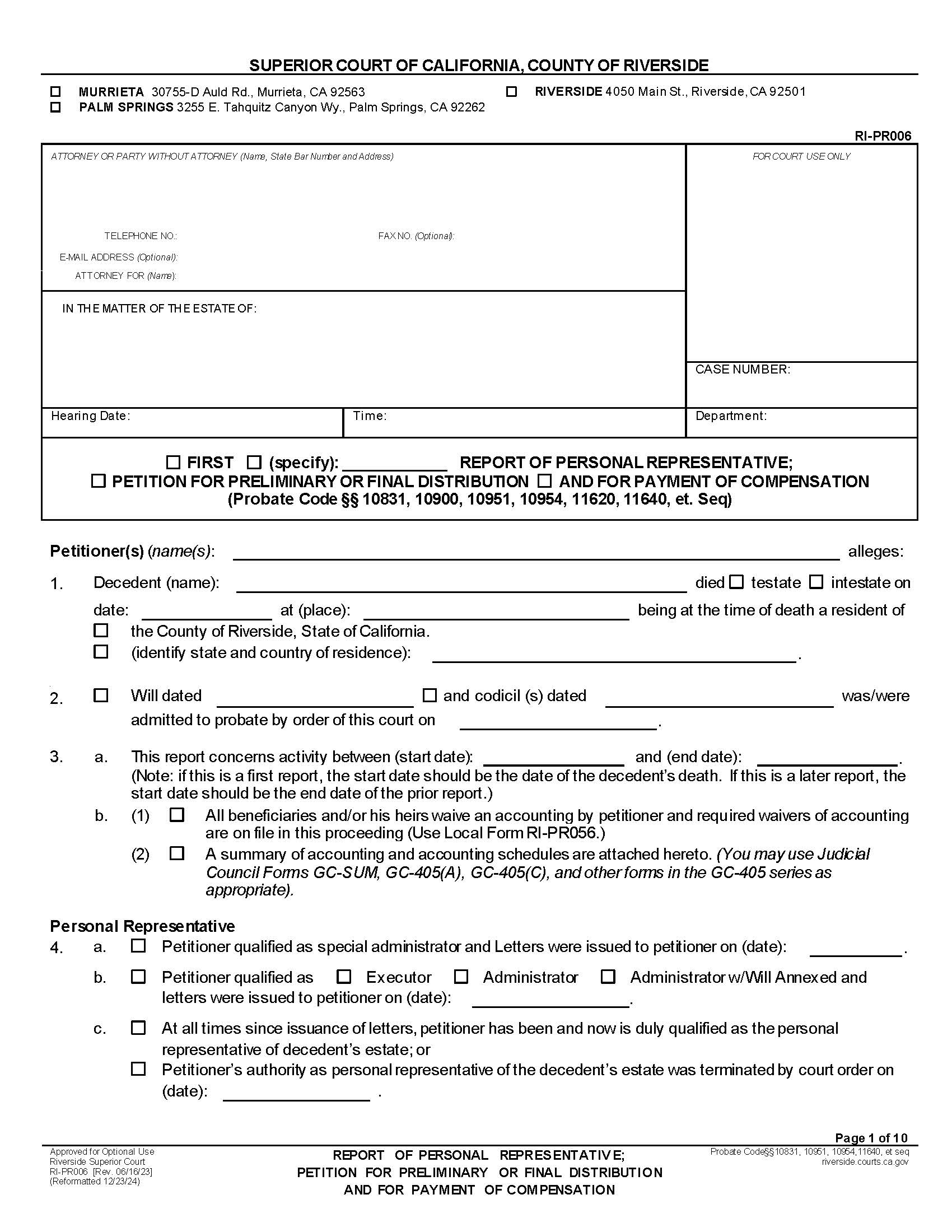 First And Final Report Of Personal Representative {RI-PR006} | Pdf Fpdf Docx | California