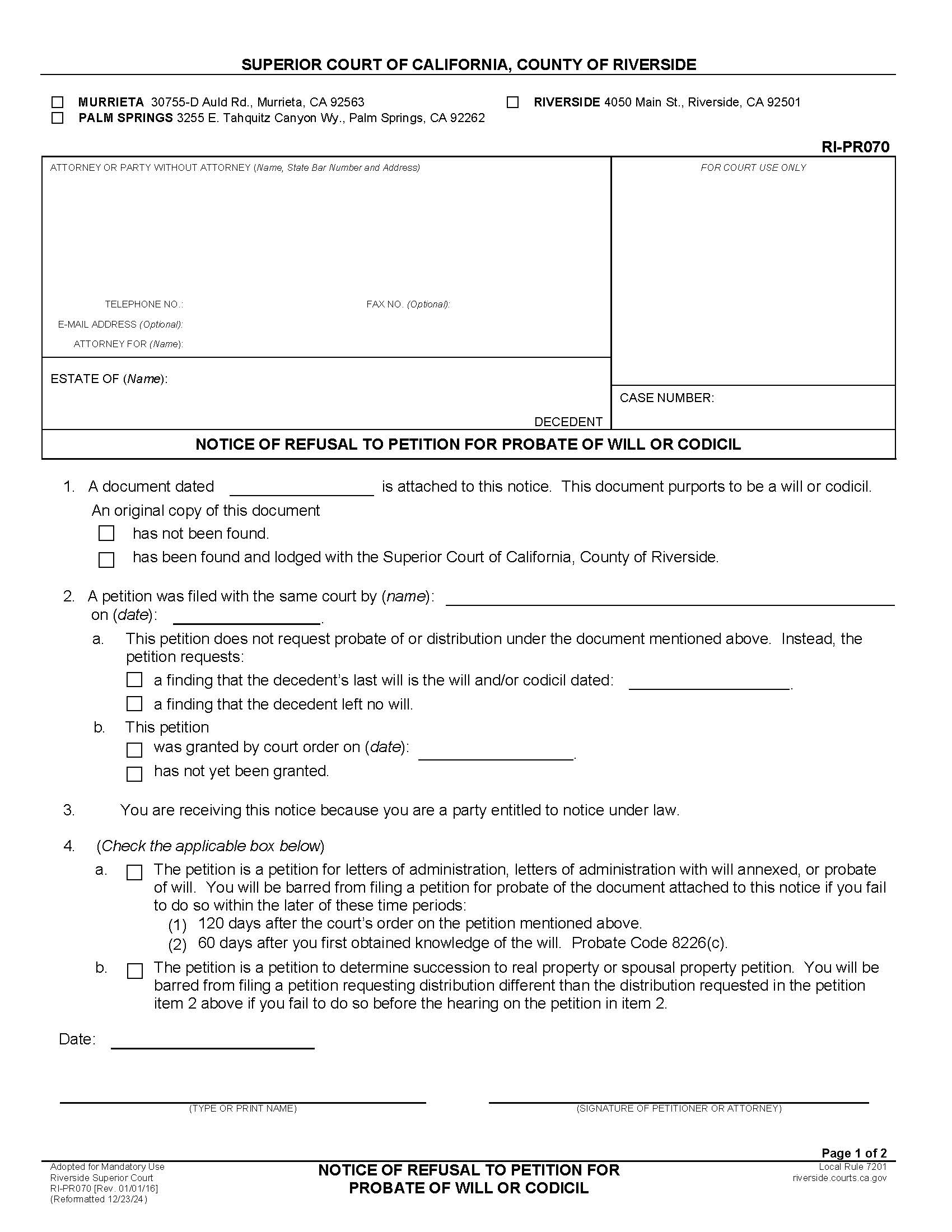 Notice Of Refusal To Petition For Probate Of Will Or Codicil {RI-PR070} | Pdf Fpdf Docx | California