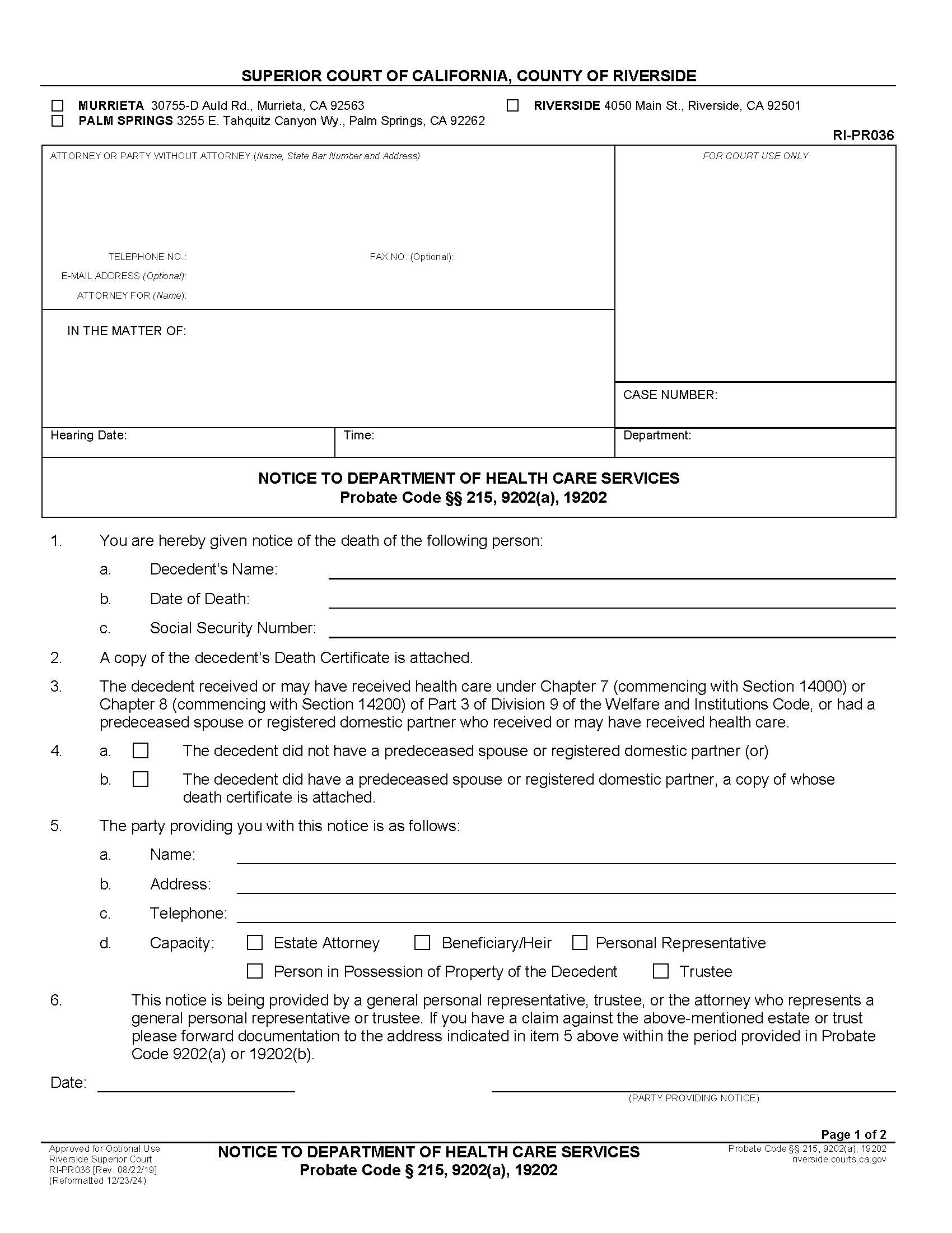 Notice To Department Of Health Care Services {RI-PR036} | Pdf Fpdf Docx | California