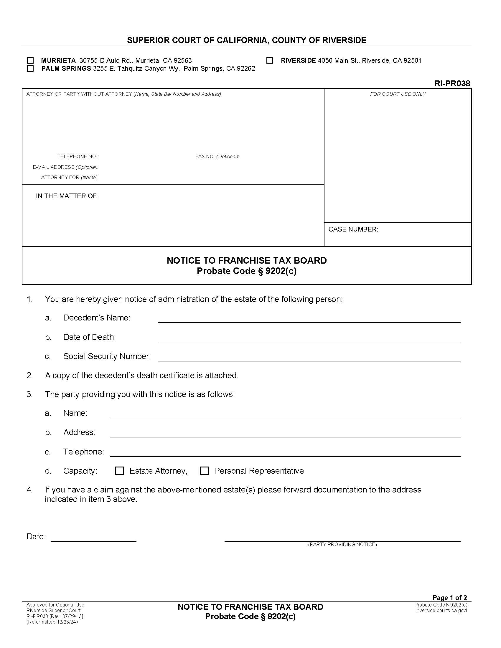 Notice To Franchise Tax Board {RI-PR038} | Pdf Fpdf Docx | California