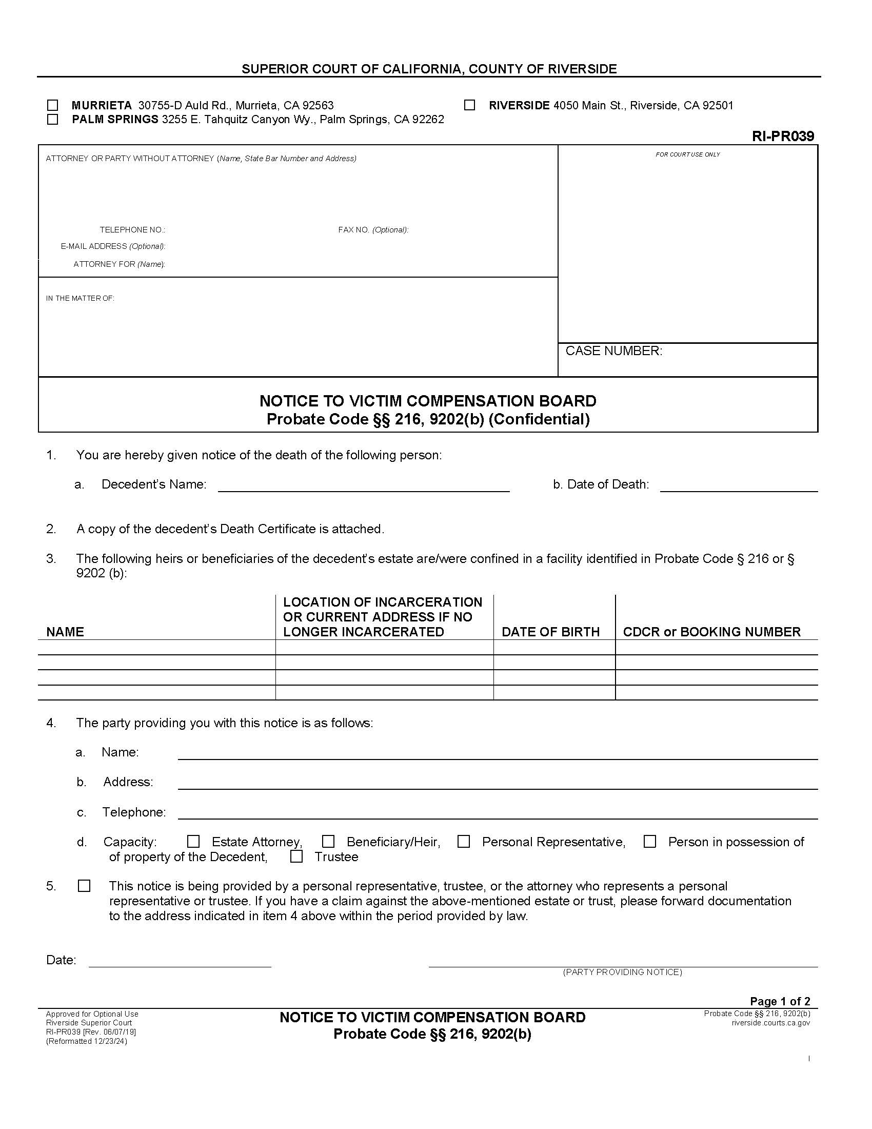 Notice To Victim Compensation And Government Claims Board {RI-PR039} | Pdf Fpdf Docx | California