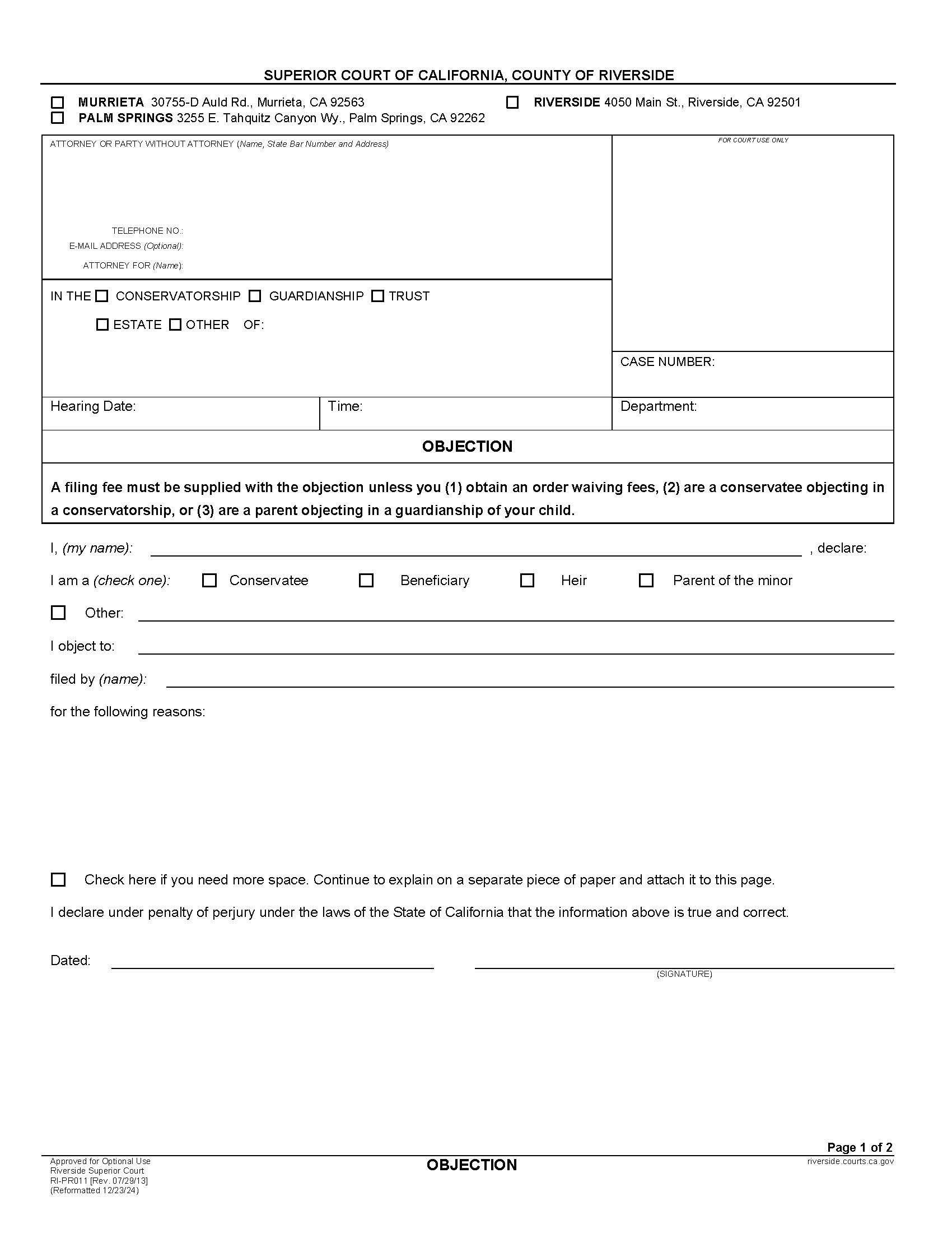 Objection {RI-PR011} | Pdf Fpdf Docx | California