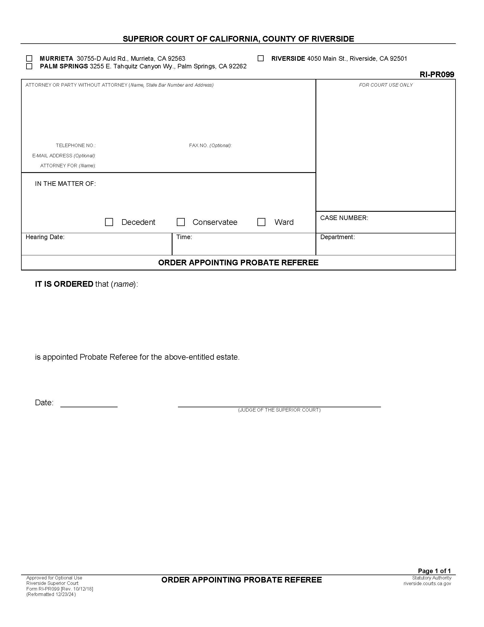 Order Appointing Probate Referee {RI-PR099} | Pdf Fpdf Docx | California