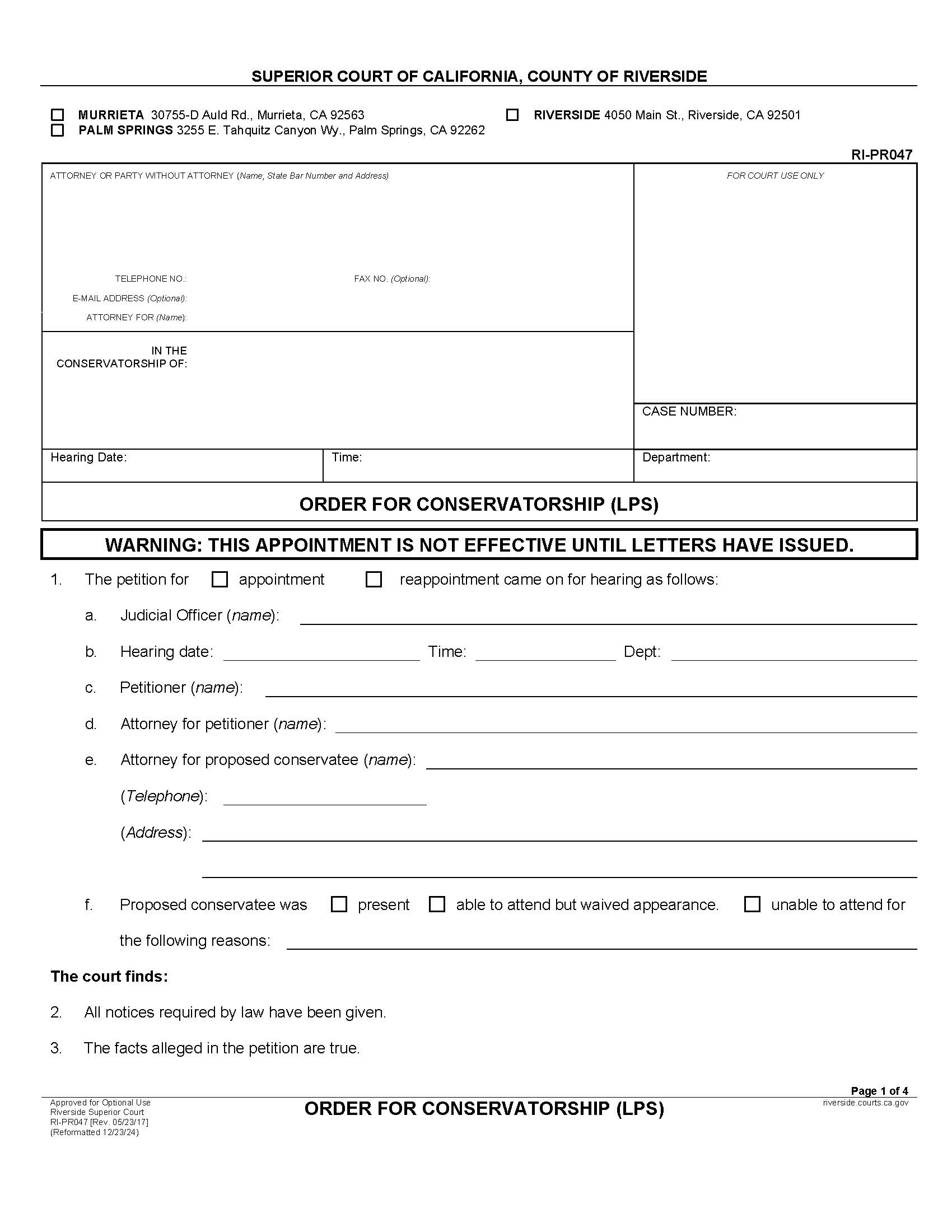 Order For Conservatorship (LPS) {RI-PR047} | Pdf Fpdf Docx | California