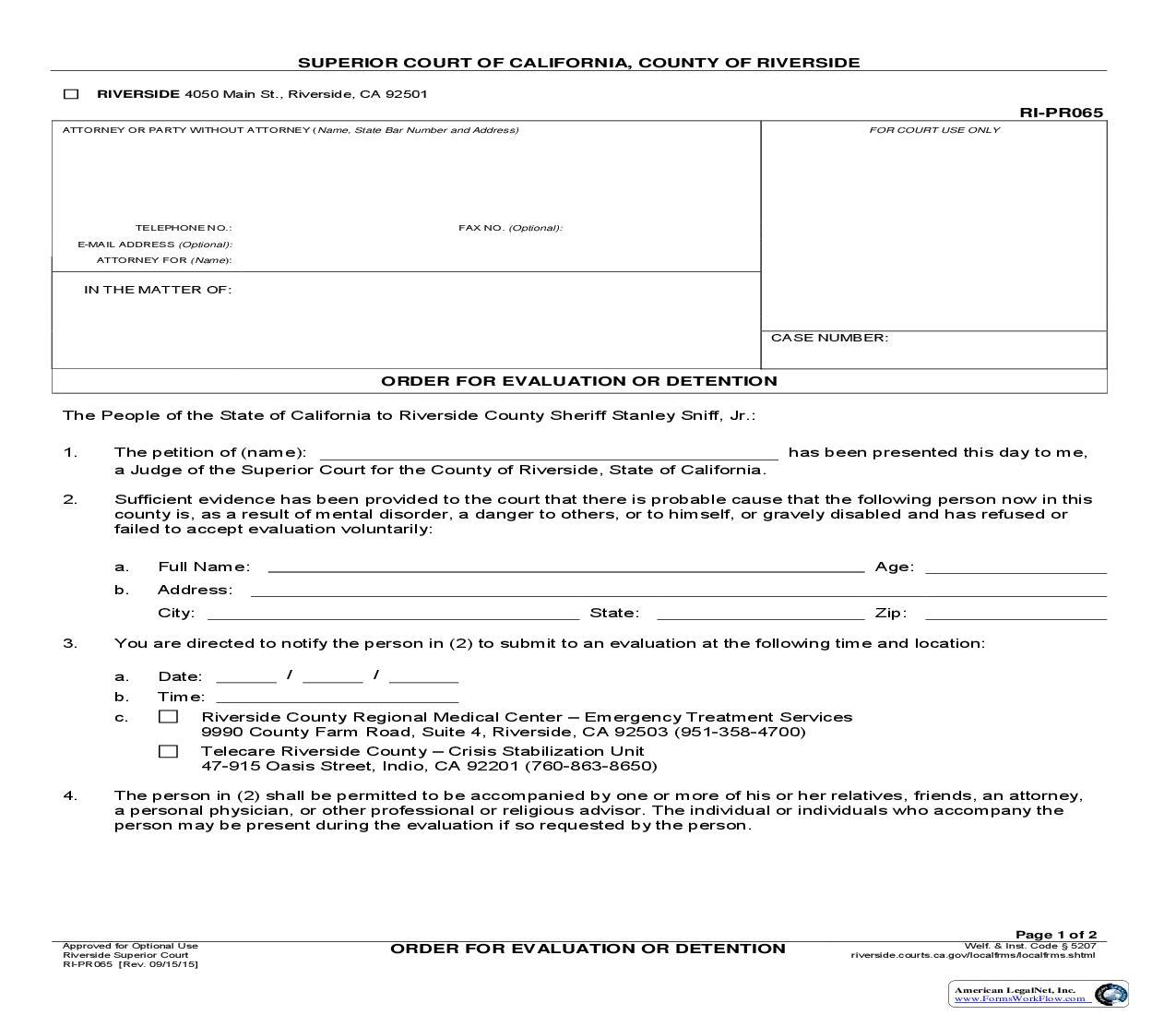 Order For Evaluation Or Detention {RI-PR065} | Pdf Fpdf Doc Docx | California