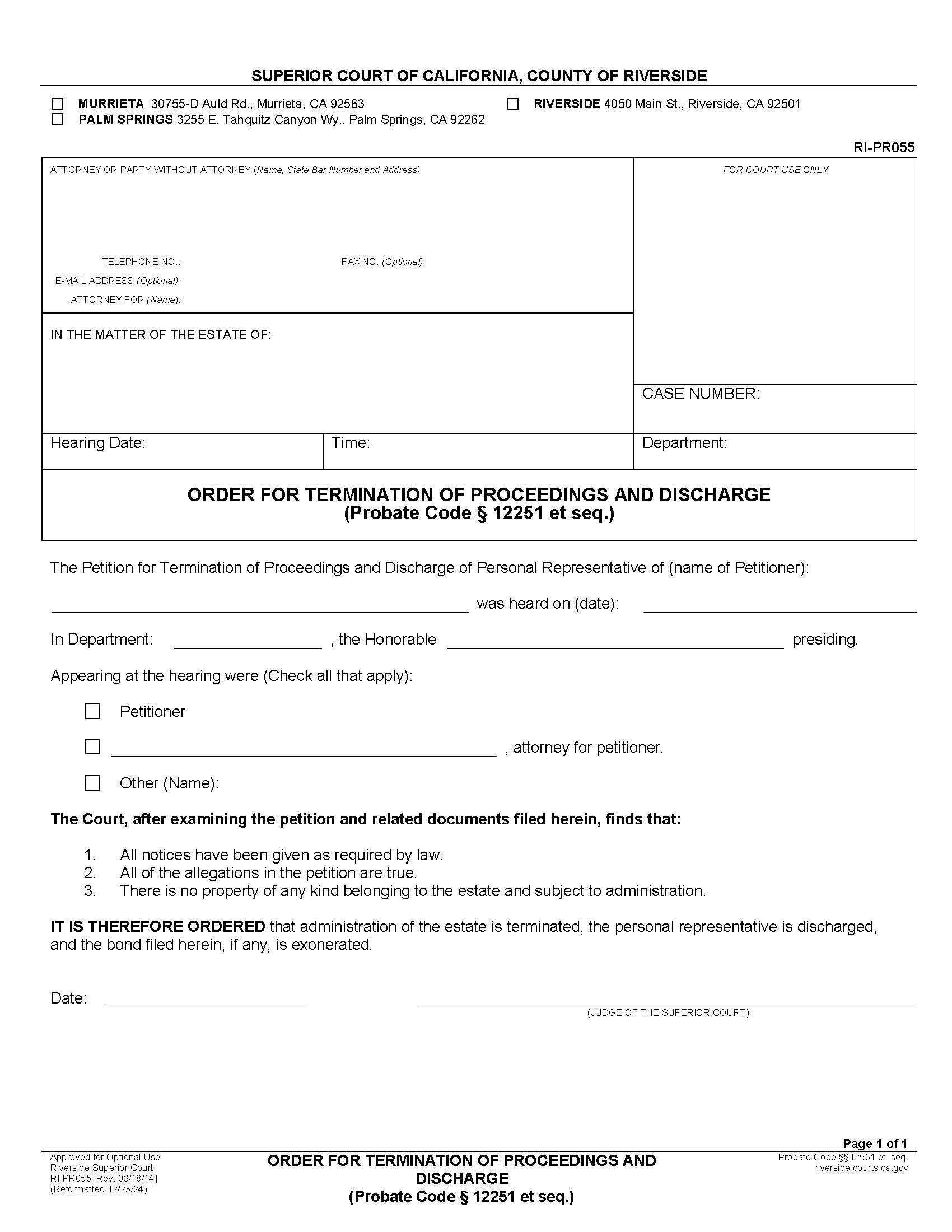 Order For Termination Of Proceedings And Discharge {RI-PR055} | Pdf Fpdf Docx | California