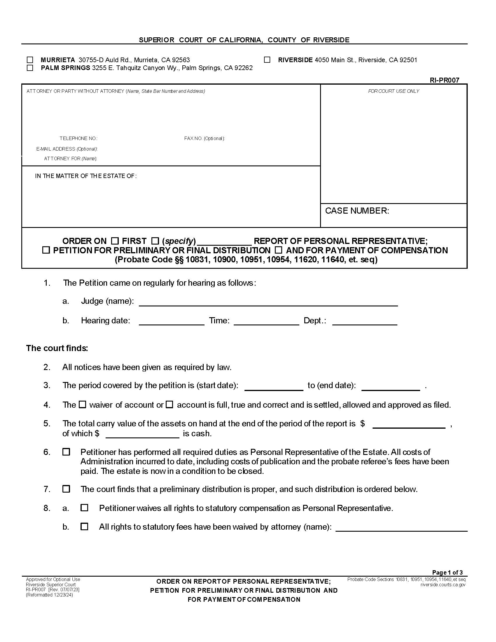 Order On First And Final Report Of Personal Representative {RI-PR007} | Pdf Fpdf Docx | California