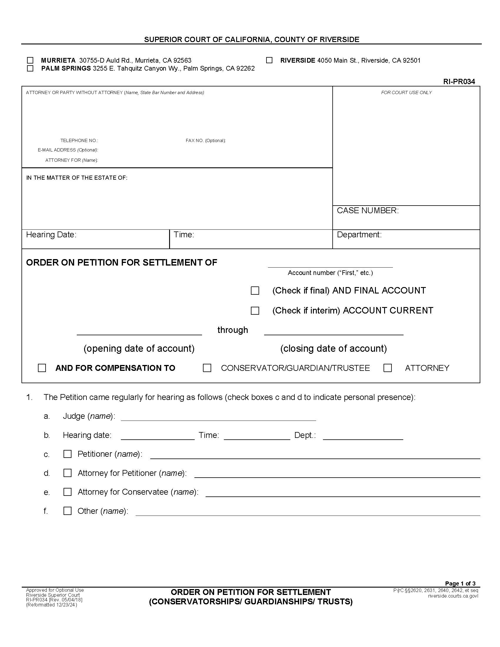Order On Petition For Settlement (Conservatorships-Guardianships-Trusts) {RI-PR034} | Pdf Fpdf Docx | California