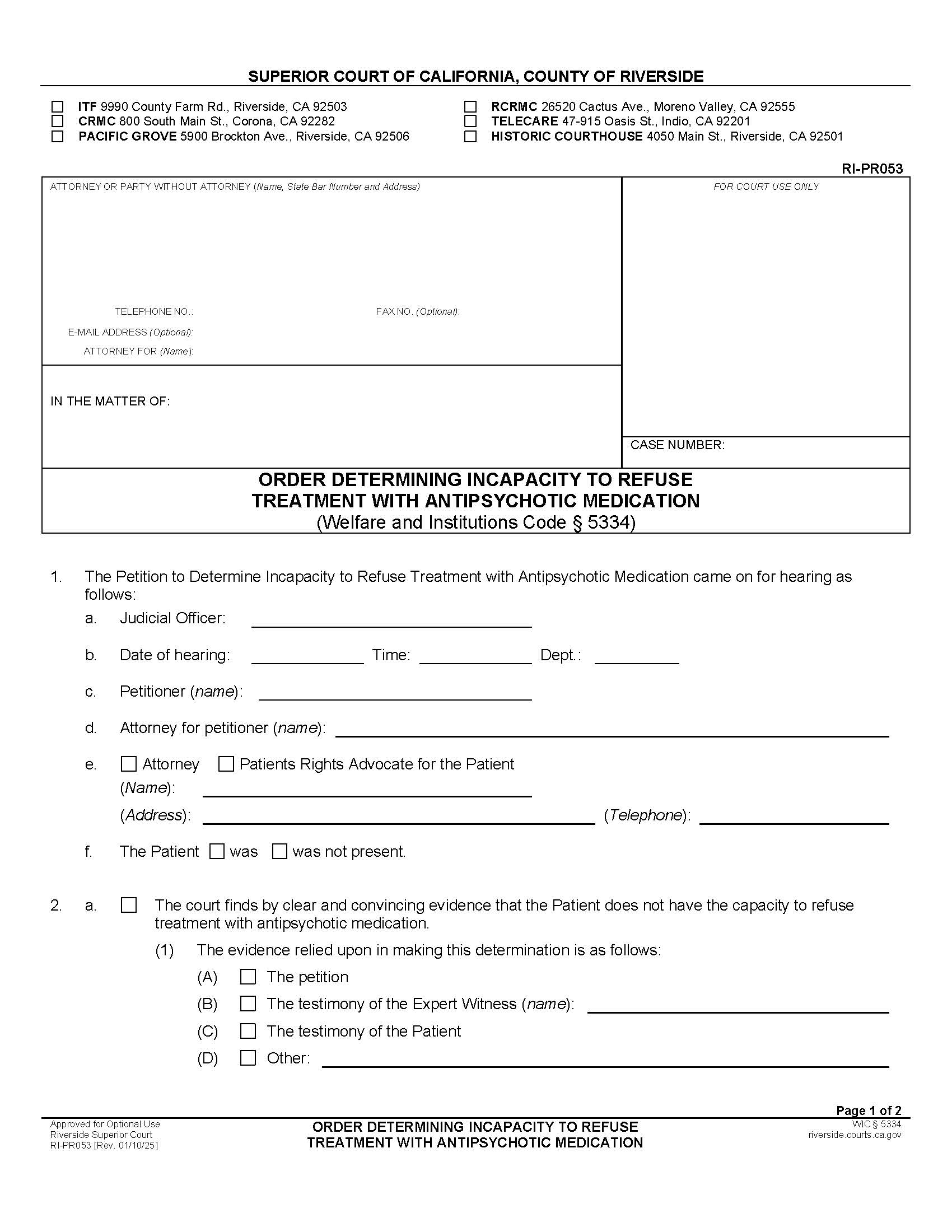 Order Regarding Capacity To Consent To Or Refuse Antipsychotic Medication {RI-PR053} | Pdf Fpdf Docx | California