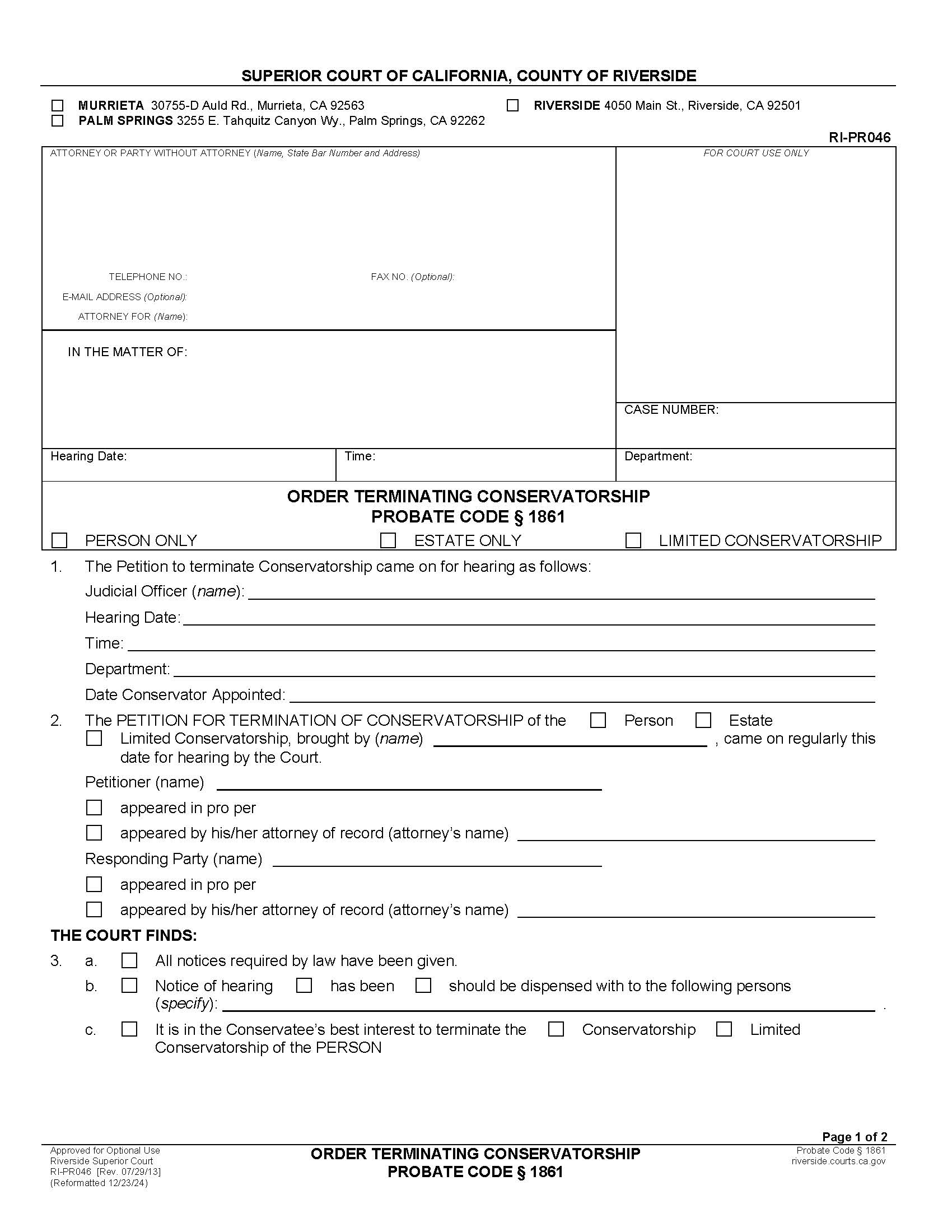 Order Terminating Conservatorship {RI-PR046} | Pdf Fpdf Docx | California