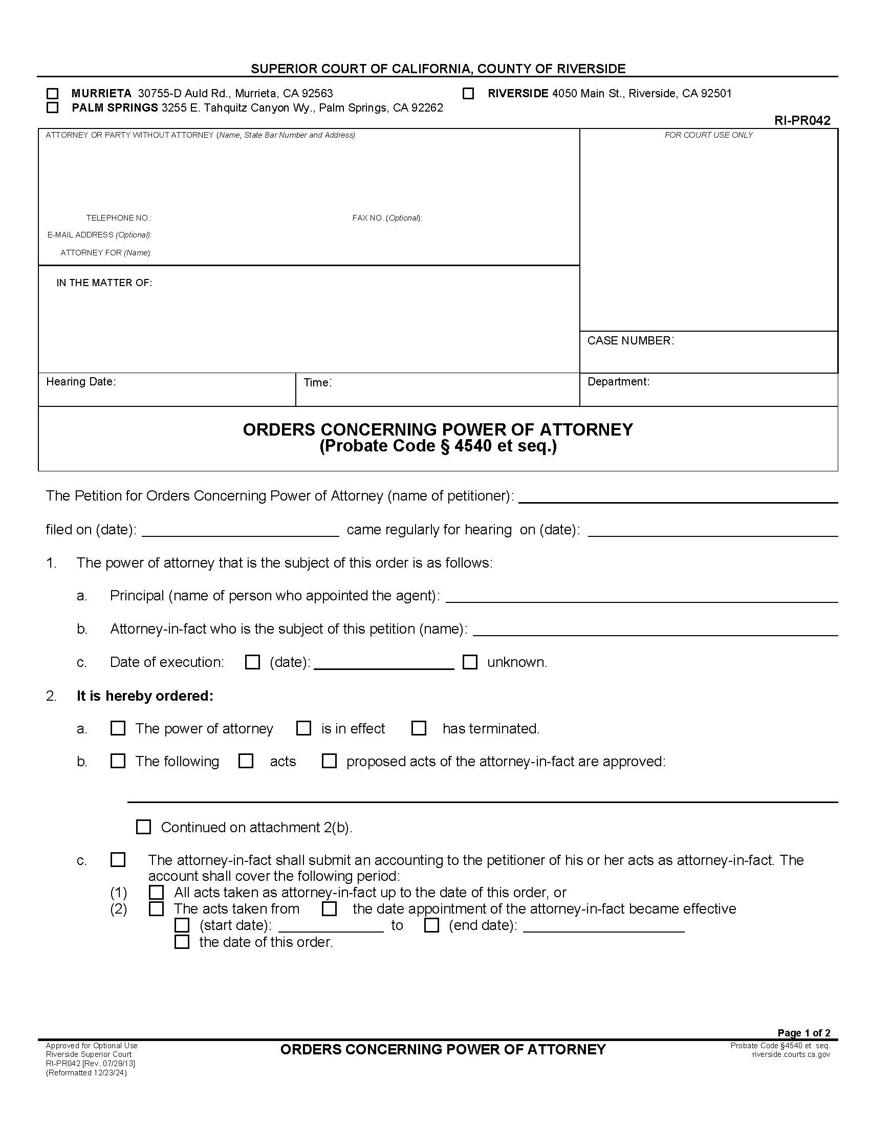 Orders Concerning Power Of Attorney {RI-PR042} | Pdf Fpdf Docx | California