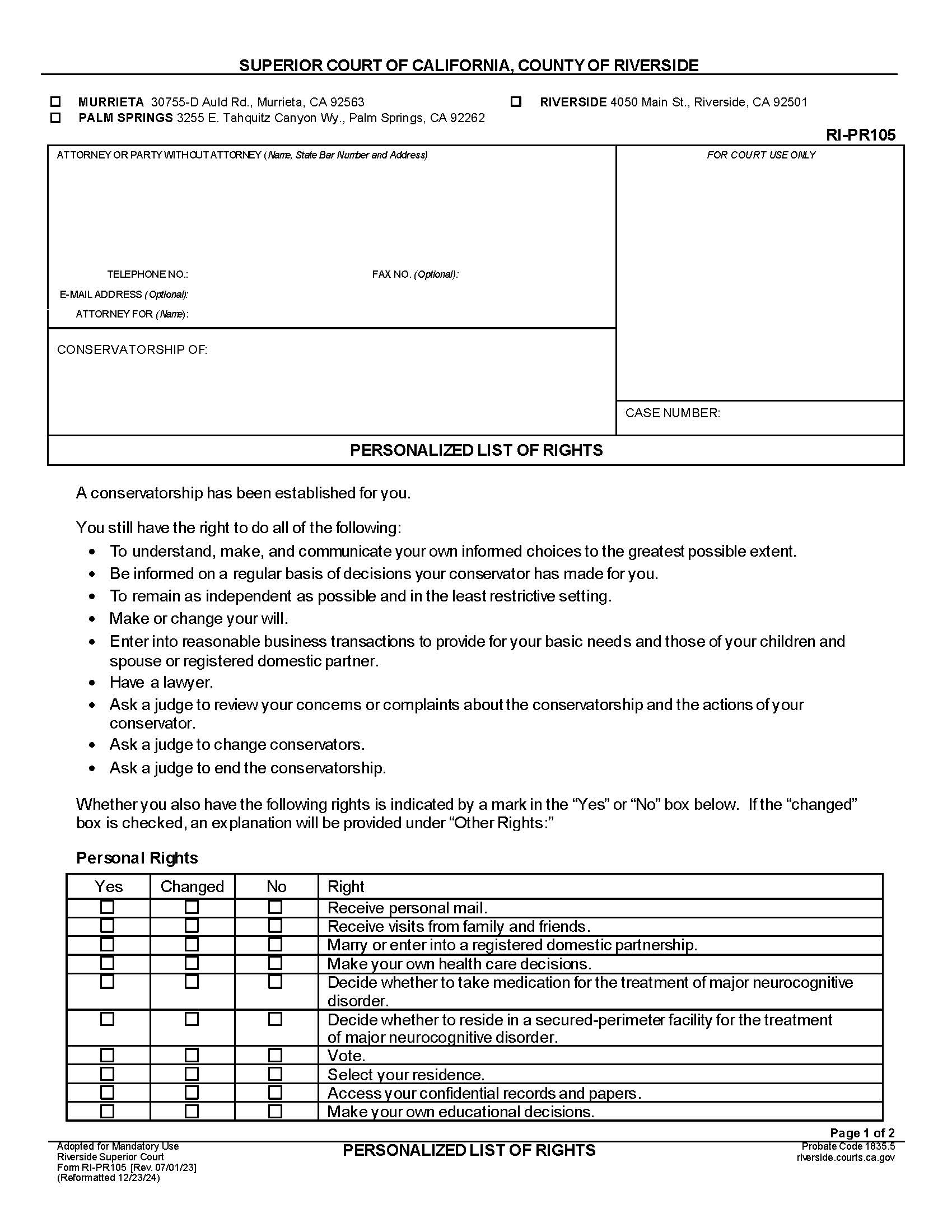 Personalized List Of Rights {RI-PR105} | Pdf Fpdf Docx | California