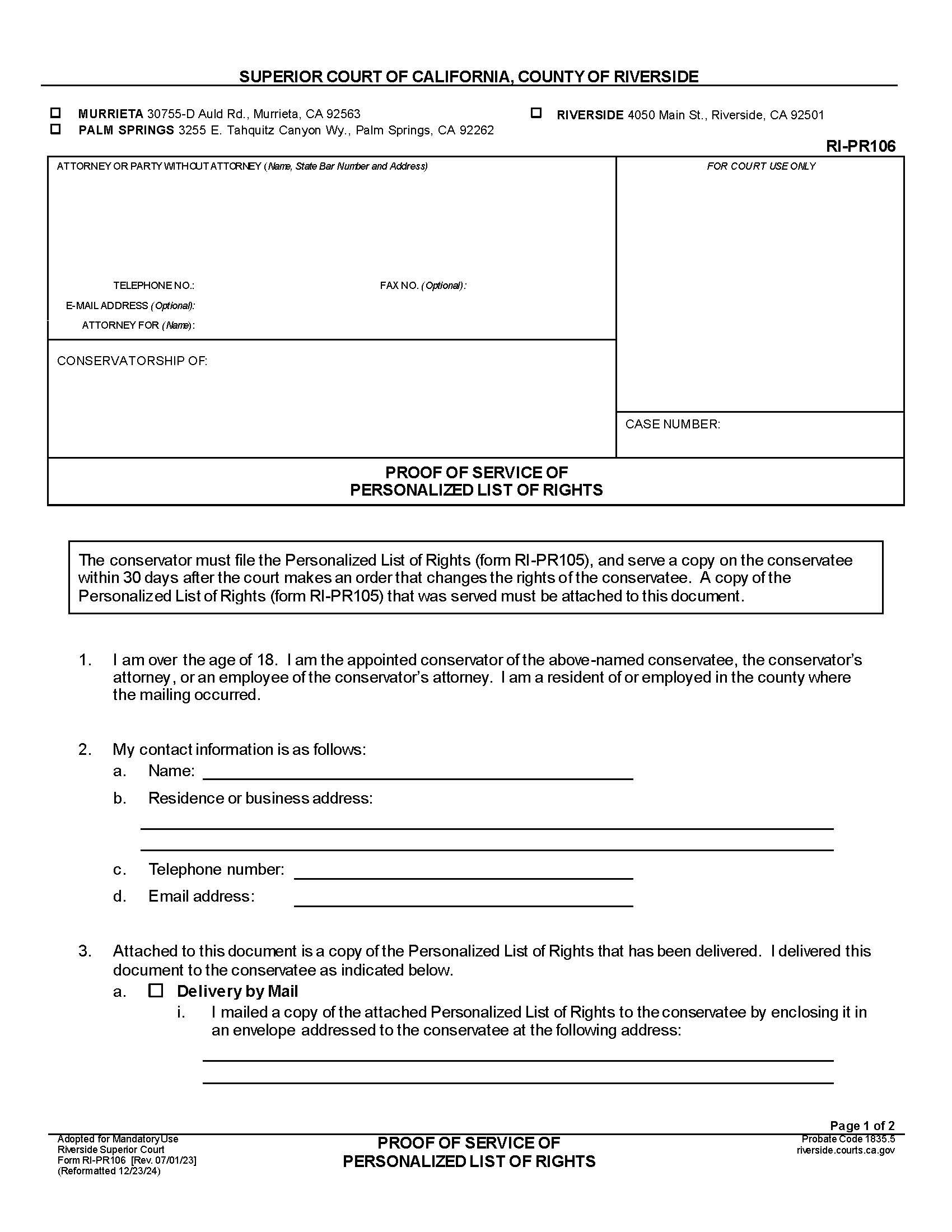 Personalized List Of Rights Proof Of Service {RI-PR106} | Pdf Fpdf Docx | California