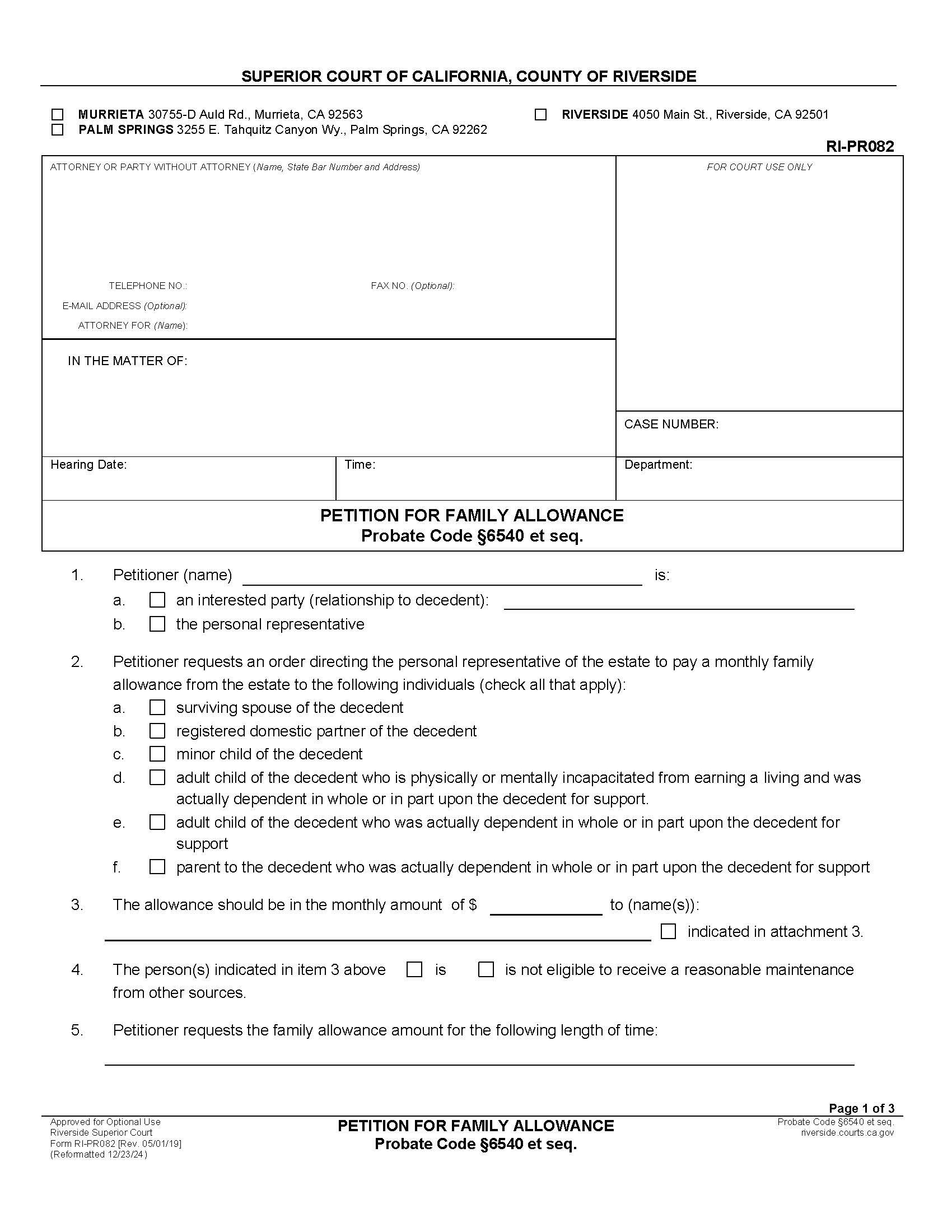 Petition For Family Allowance {RI-PR082} | Pdf Fpdf Docx | California