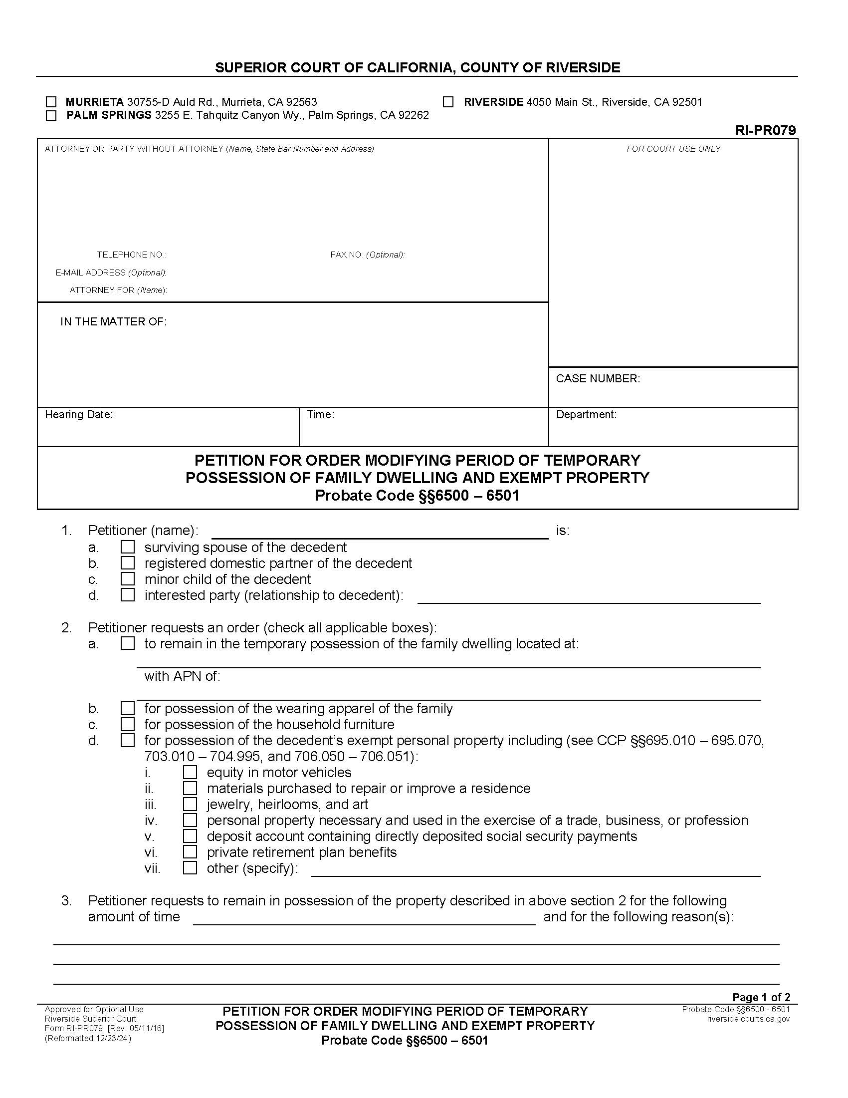 Petition For Order Modifying Period Of Temporary Possession Of Family Dwelling {RI-PR079} | Pdf Fpdf Docx | California