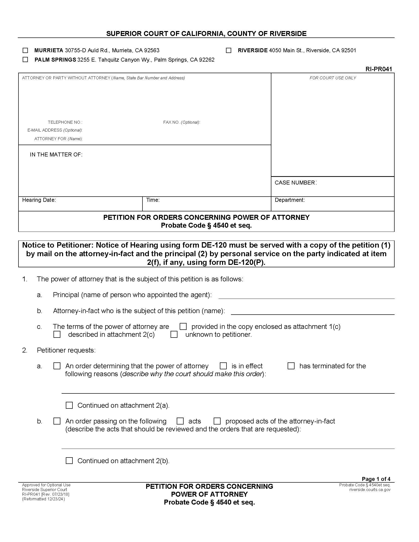 Petition For Orders Orders Concerning Power Of Attorney {RI-PR041} | Pdf Fpdf Docx | California