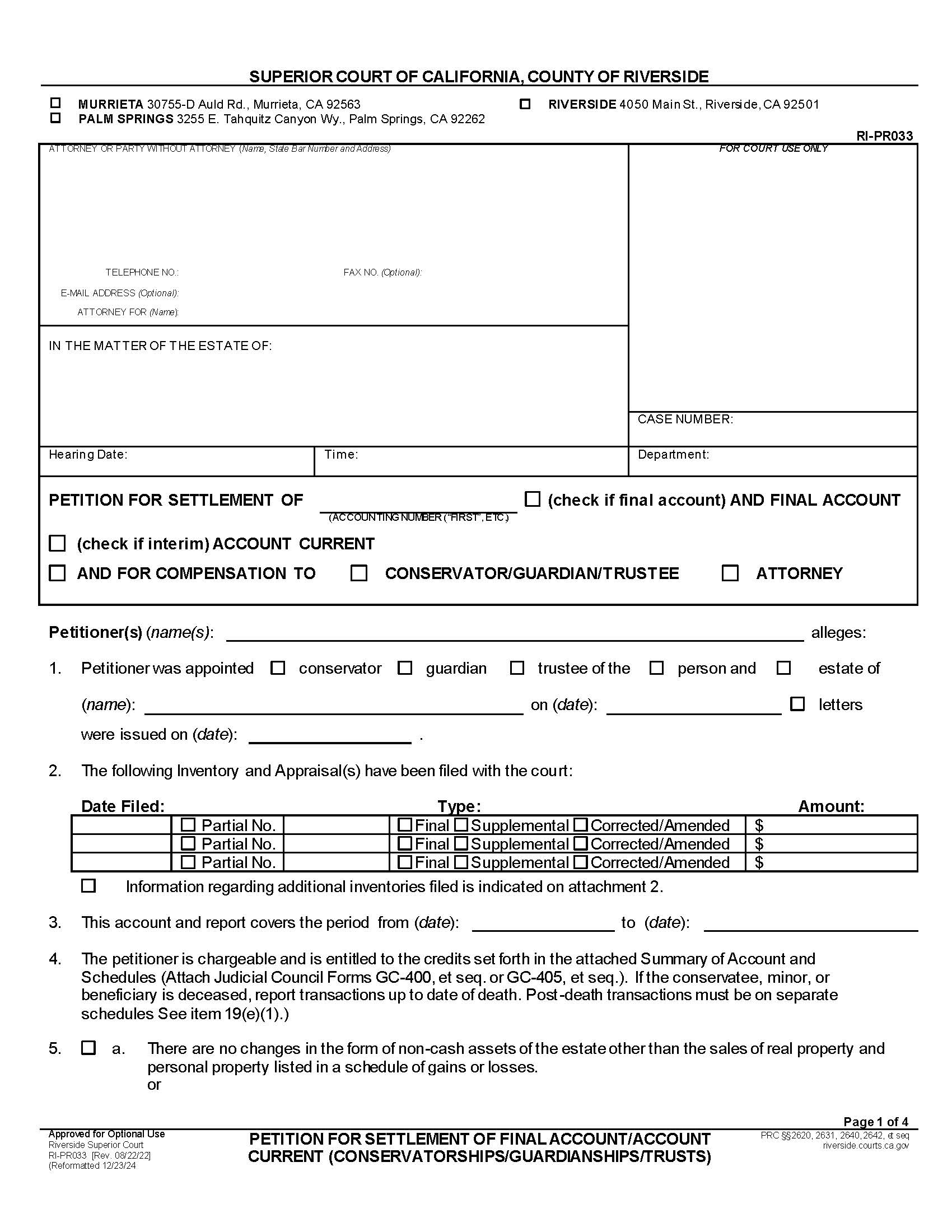 Petition For Settlement Of Final Account-Account Current {RI-PR033} | Pdf Fpdf Docx | California