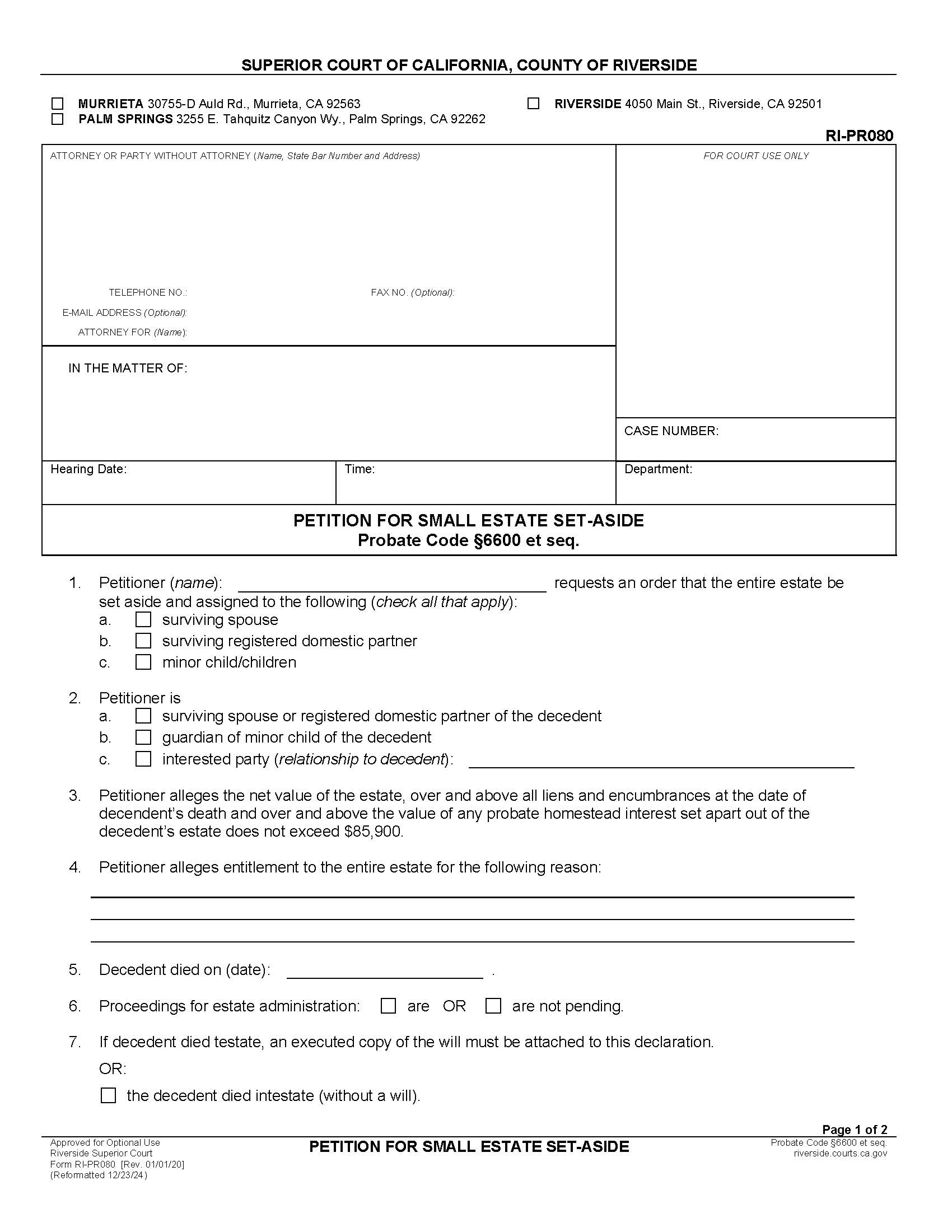 Petition For Small Estate Set-Aside {RI-PR080} | Pdf Fpdf Docx | California