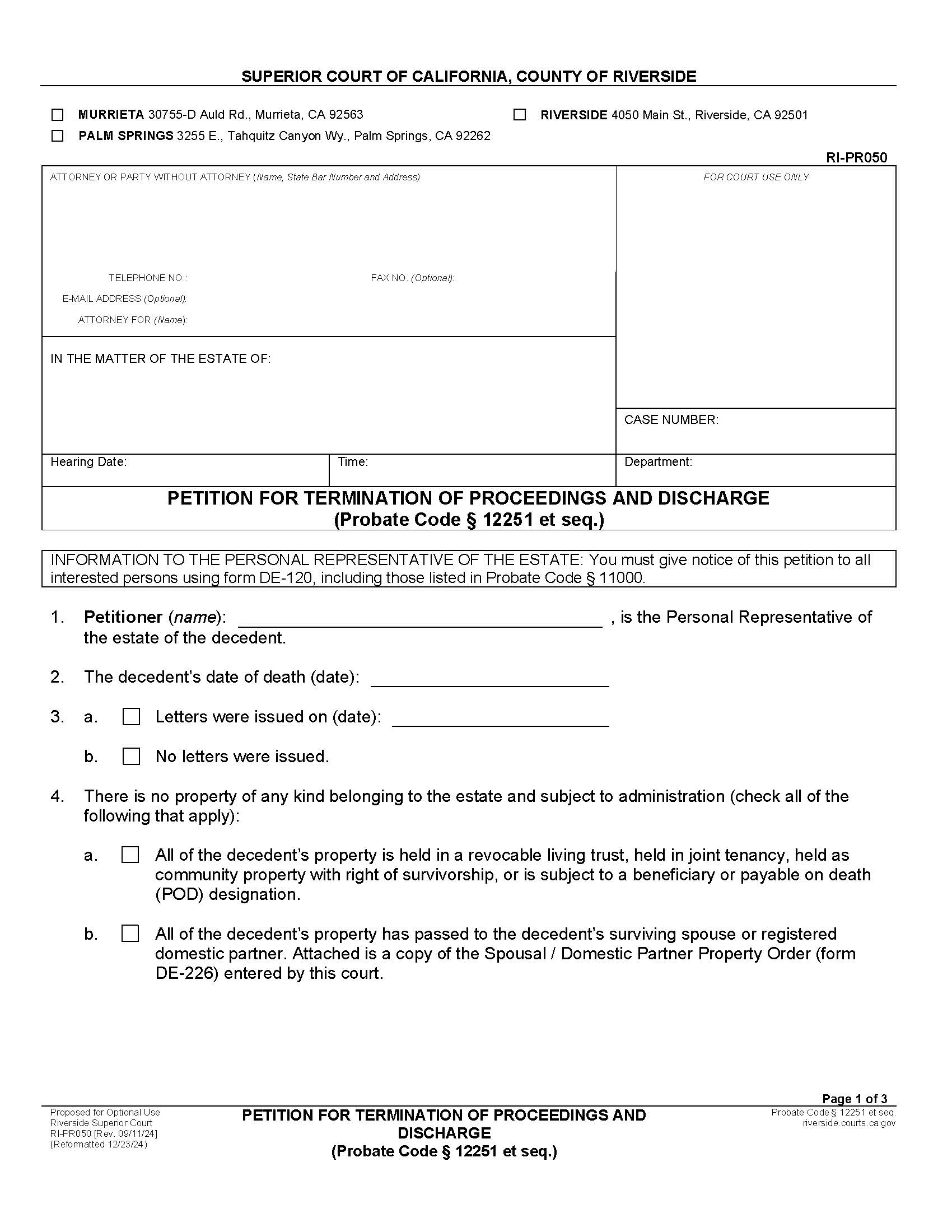 Petition For Termination Of Proceedings And Discharge {RI-PR050} | Pdf Fpdf Docx | California