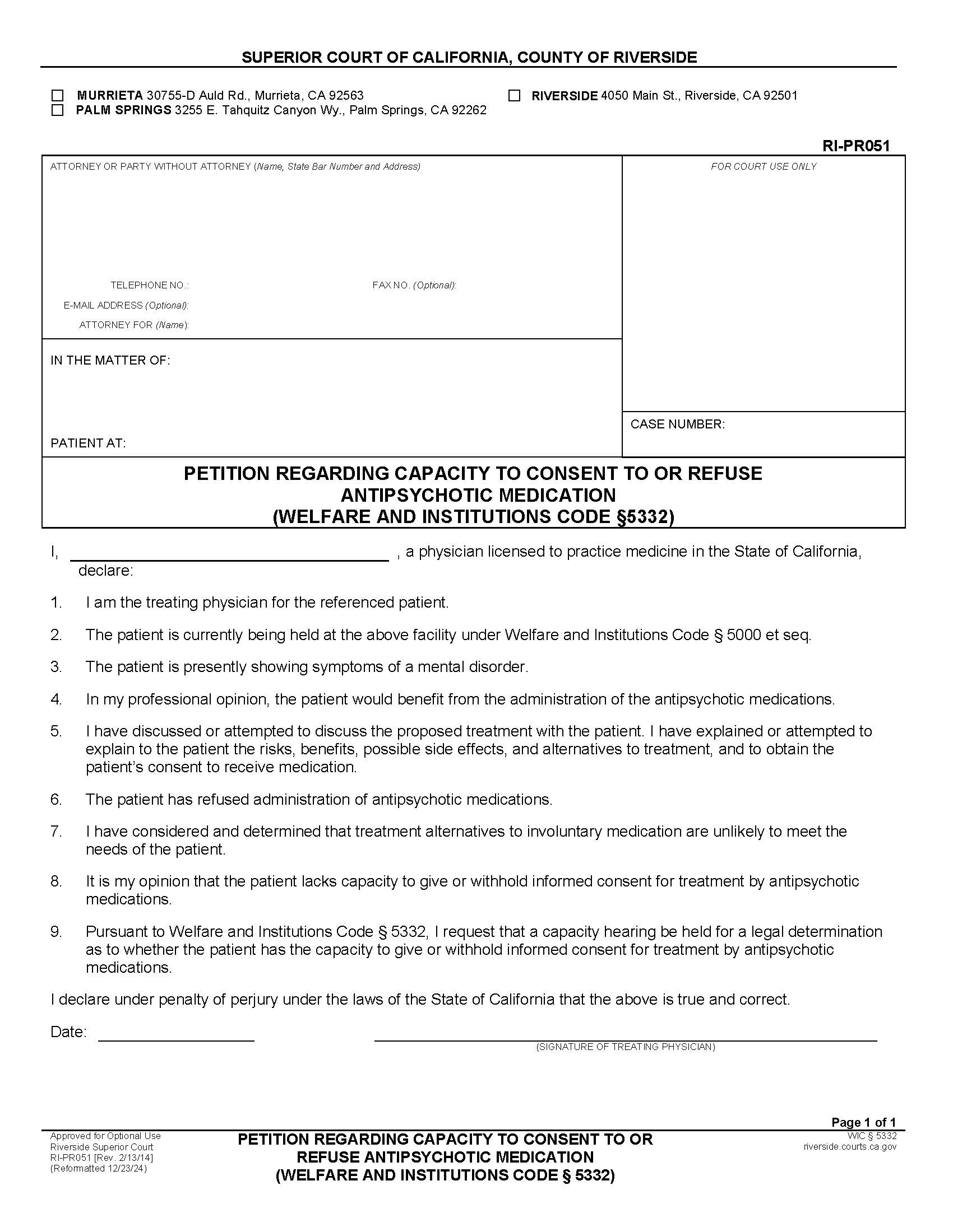 Petition Regarding Capacity To Consent To Or Refuse Anitipsychotic Medication {RI-PR051} | Pdf Fpdf Docx | California