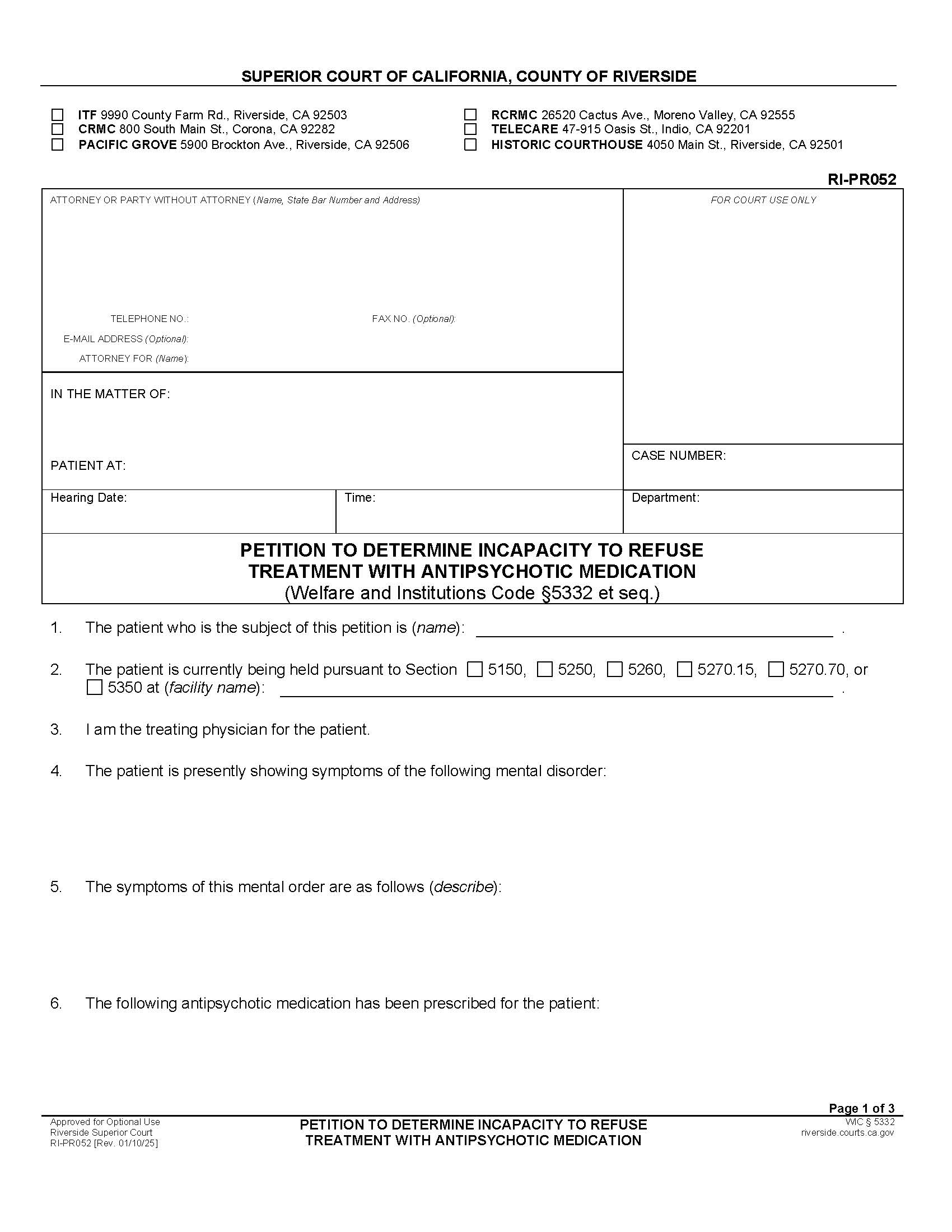 Petition To Determine Incapacity To Refuse Treatment With Antipsychotic Medication {RI-PR052} | Pdf Fpdf Docx | California