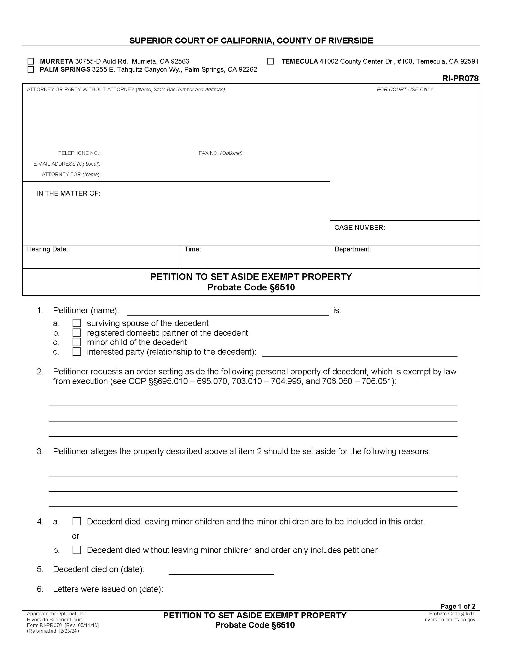 Petition To Set Aside Exempt Property {RI-PR078} | Pdf Fpdf Docx | California