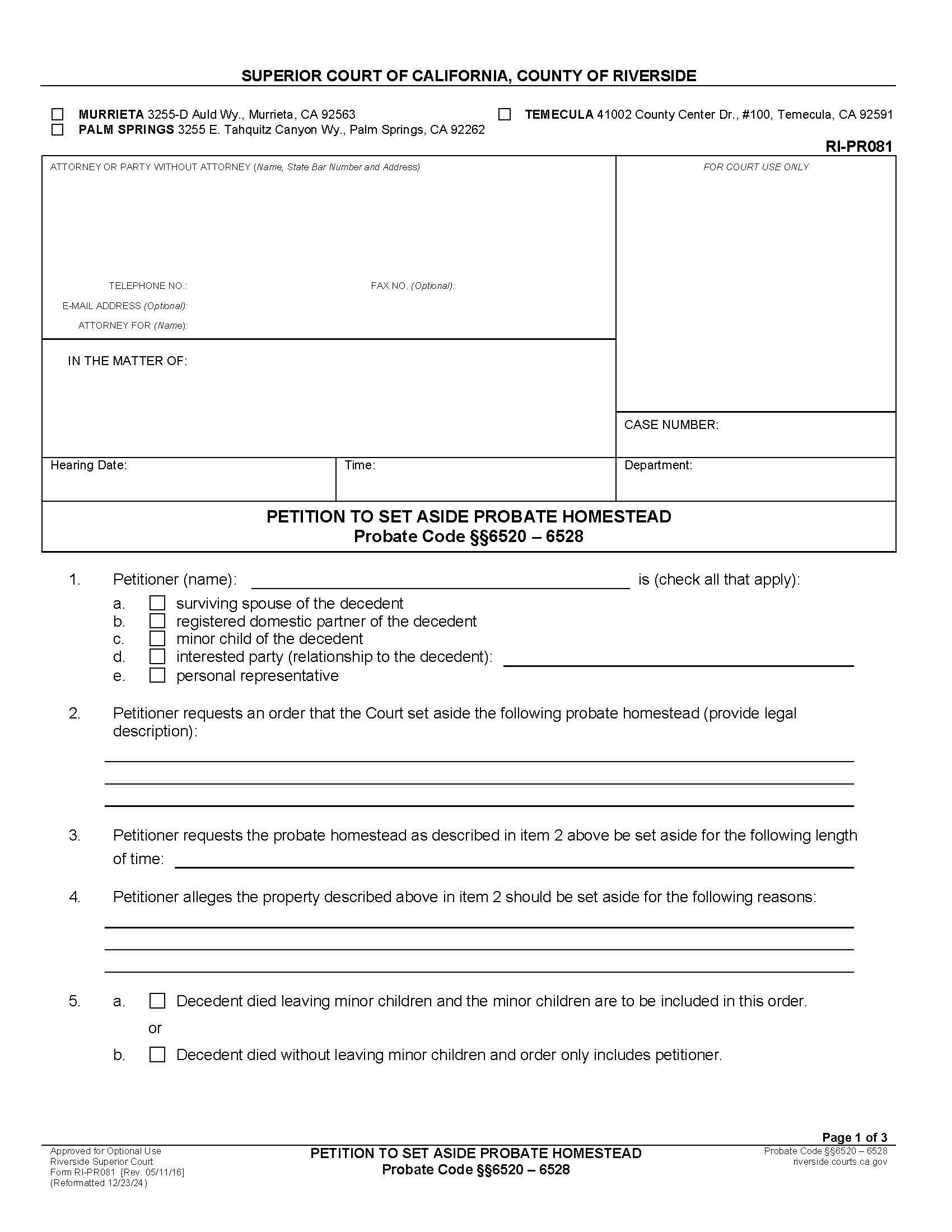 Petition To Set Aside Probate Homestead {RI-PR081} | Pdf Fpdf Docx | California