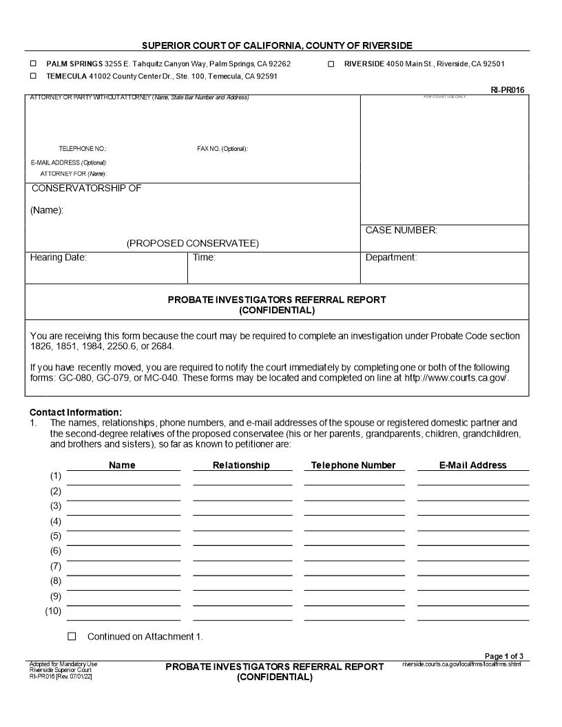 Probate Investigators Referral Report {RI-PR016} | Pdf Fpdf Docx | California