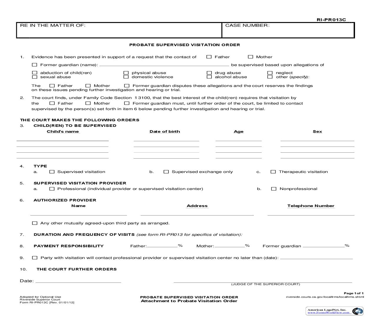 Probate Supervised Visitation Order {RI-PR013C} | Pdf Fpdf Doc Docx | California