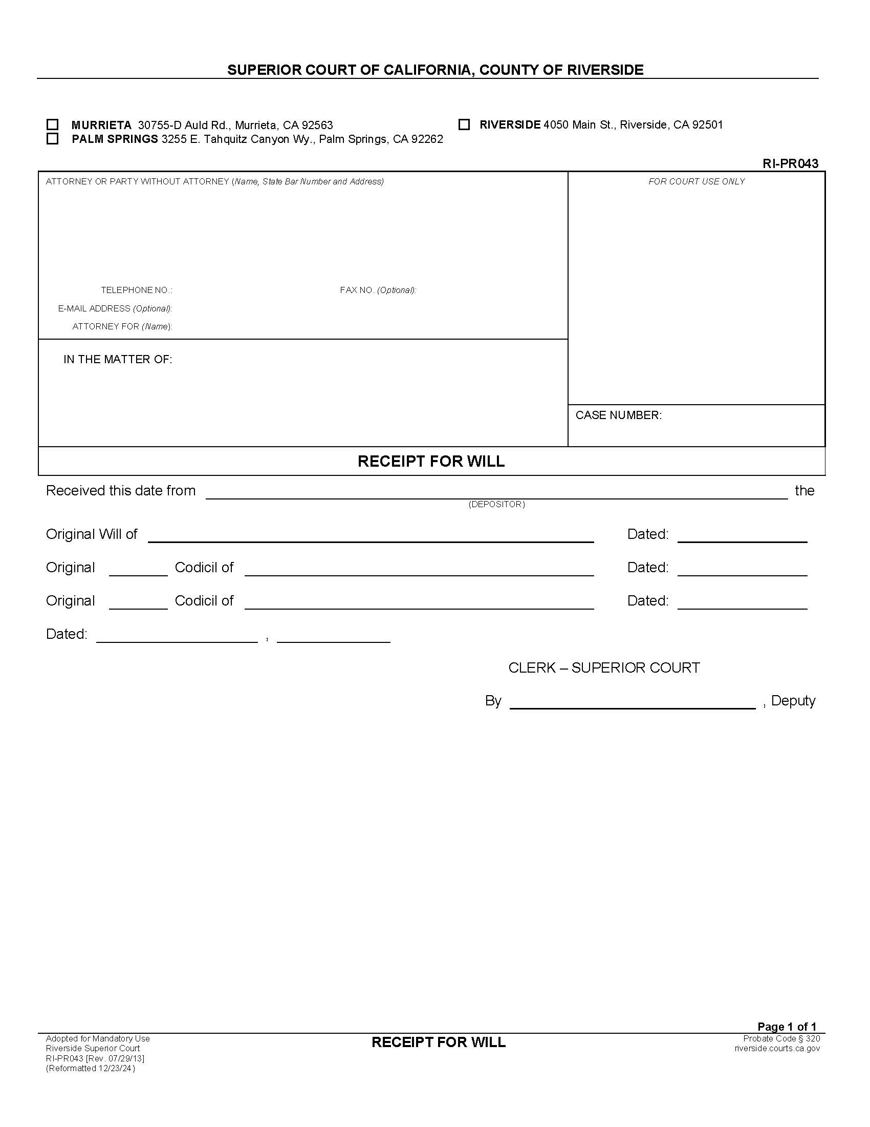 Receipt For Will {RI-PR043} | Pdf Fpdf Docx | California