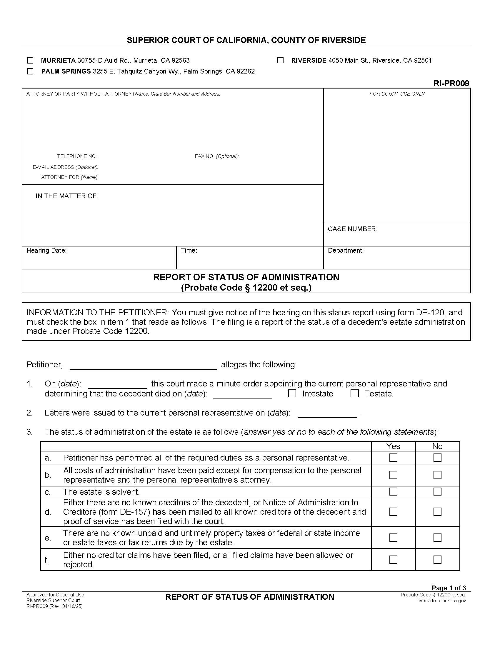 Report Of Status Of Administration {RI-PR009} | Pdf Fpdf Docx | California