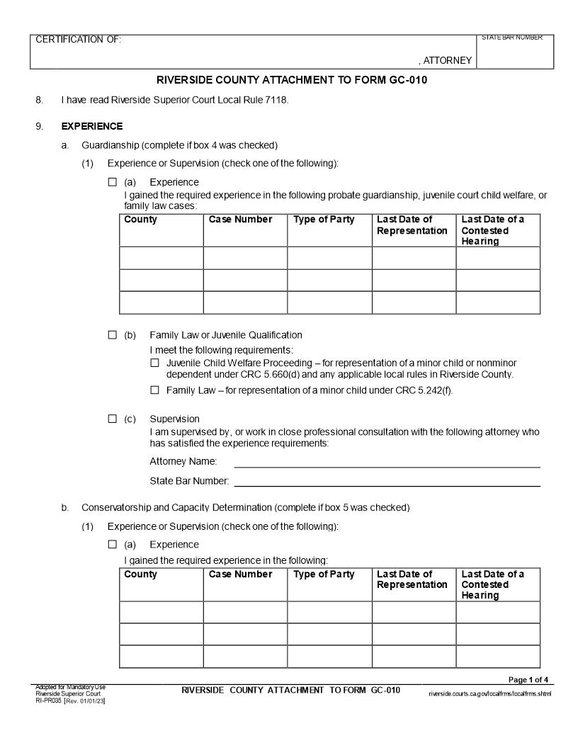 Riverside County Attachment To Form GC-010 {RI-PR035} | Pdf Fpdf Docx | California