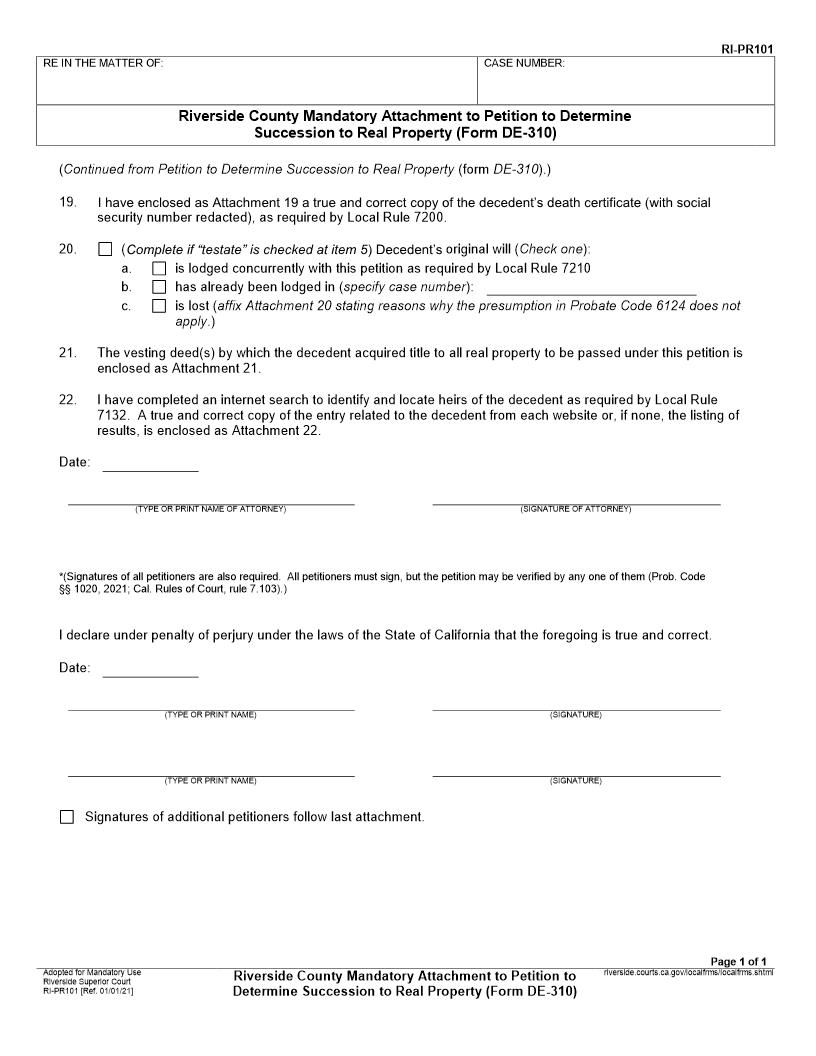 Riverside County Attachment To Petition To Determine Succession Of Real Property (Form DE-310) {RI-PR101} | Pdf Fpdf Docx | California
