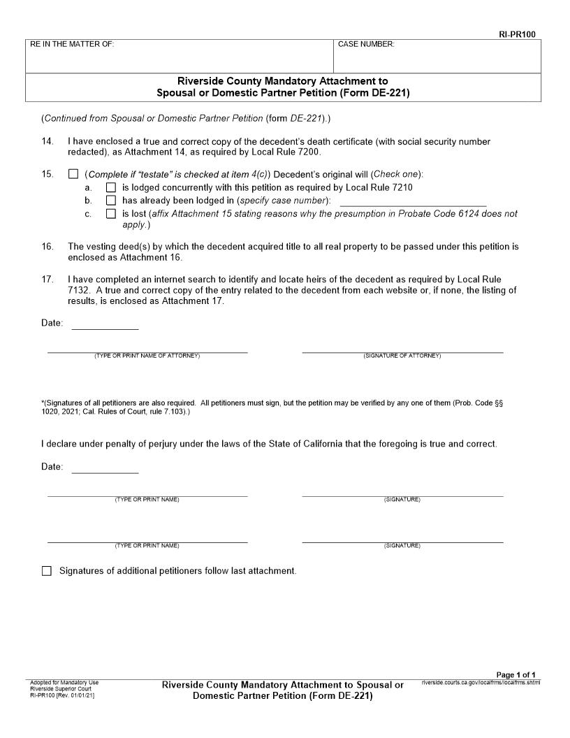 Riverside County Attachment To Spousal Or Domestic Partner Petition (Form DE-221) {RI-PR100} | Pdf Fpdf Docx | California