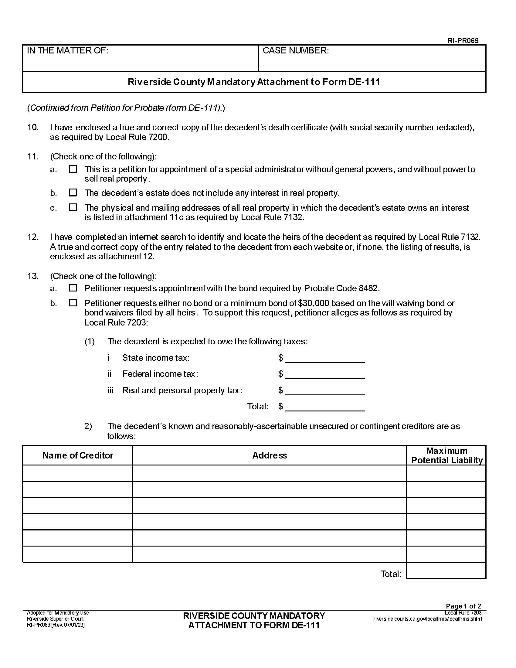 Riverside County Mandatory Attachment To Form DE-11 {RI-PR069} | Pdf Fpdf Docx | California