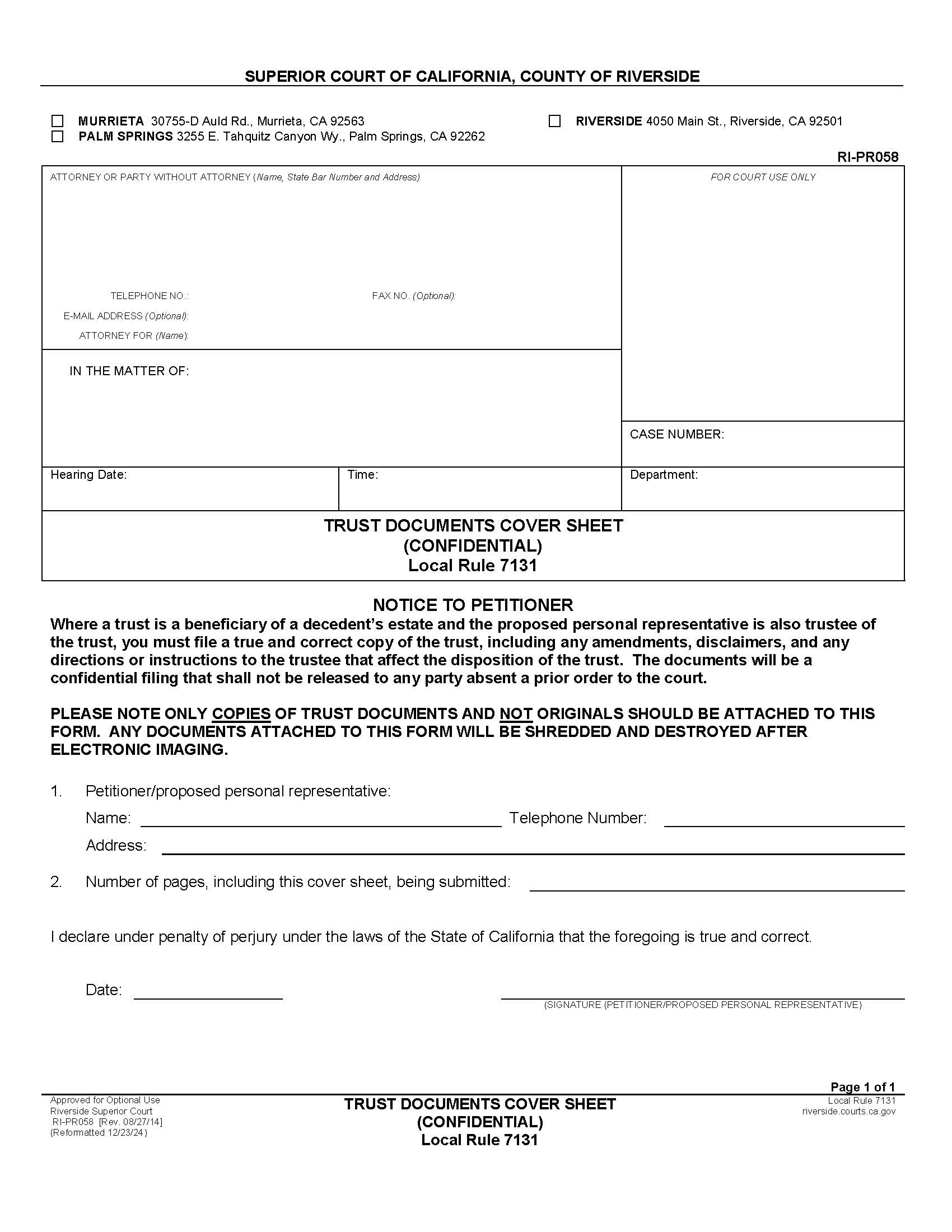 Trust Documents Cover Sheet (Confidential) {RI-PR058} | Pdf Fpdf Docx | California