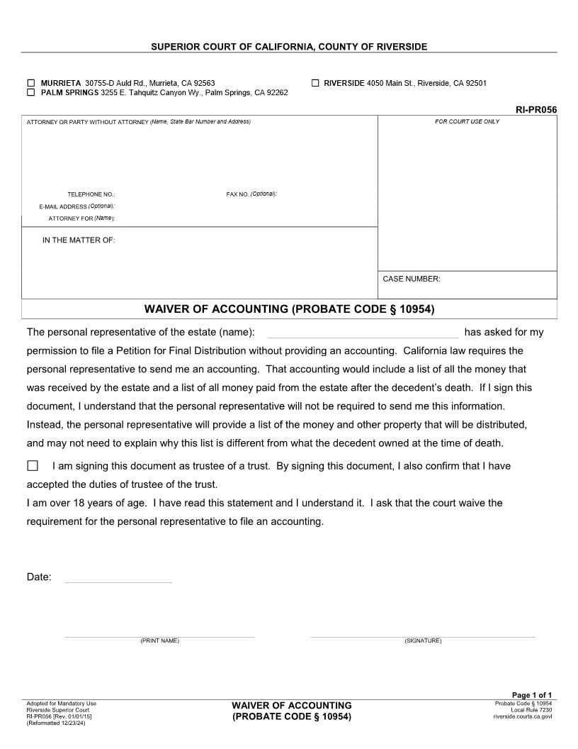 Waiver Of Accounting {RI-PR056} | Pdf Fpdf Docx | California