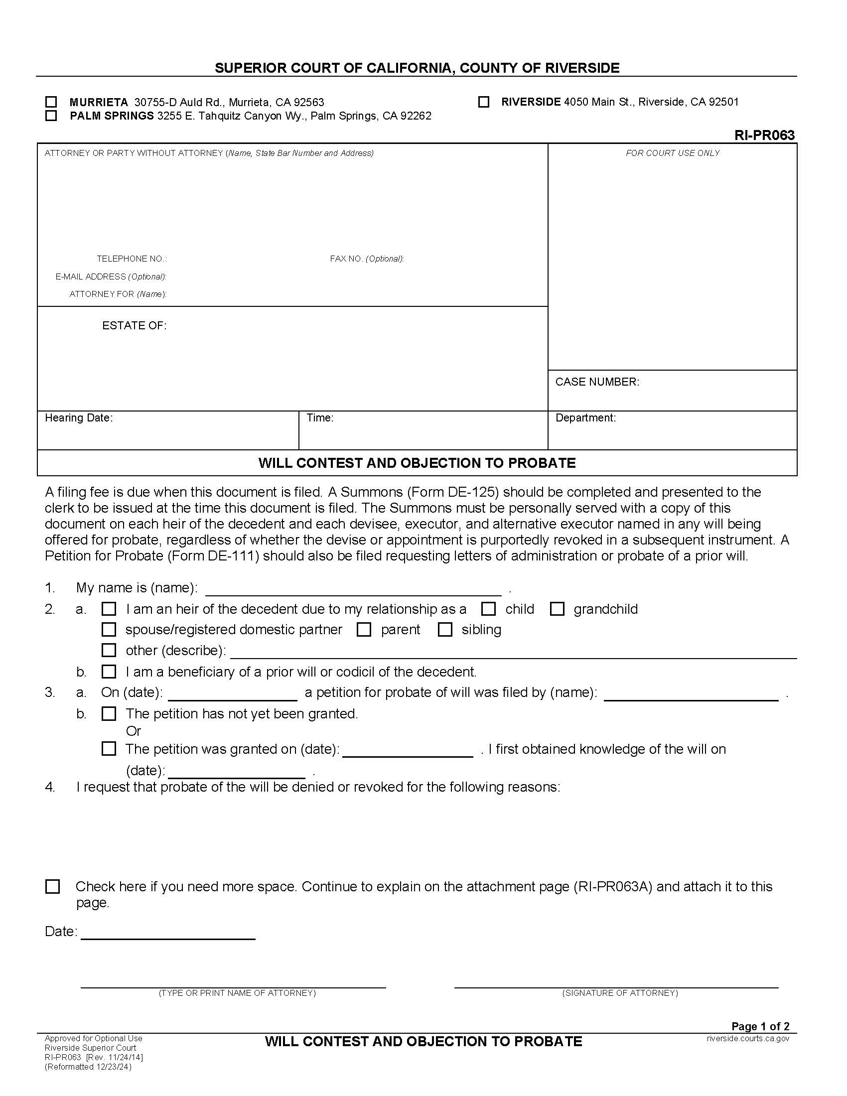 Will Contest And Objection To Probate {RI-PR063} | Pdf Fpdf Docx | California