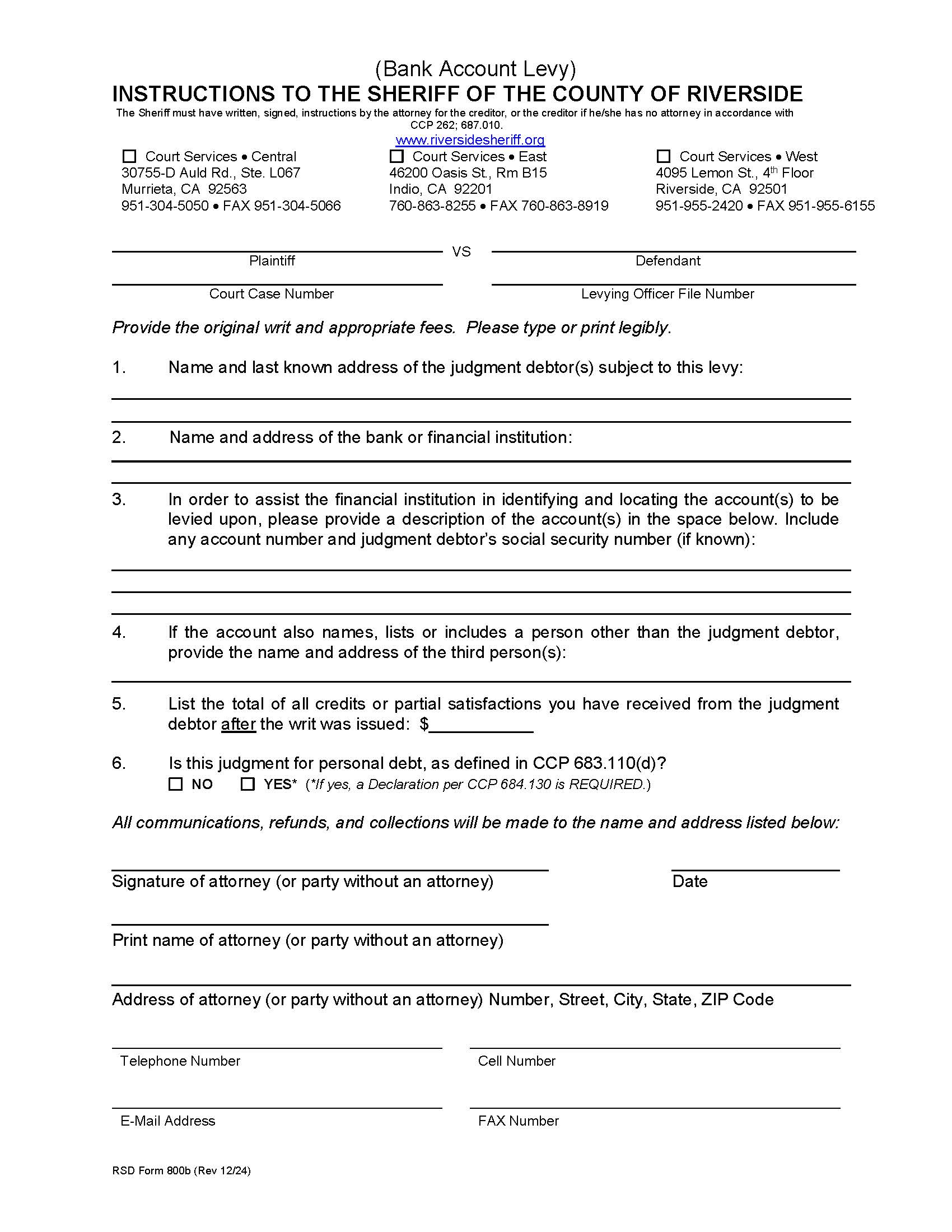Instructions To The Sheriff (Bank Account Levy) {800b} | Pdf Fpdf Doc Docx | California