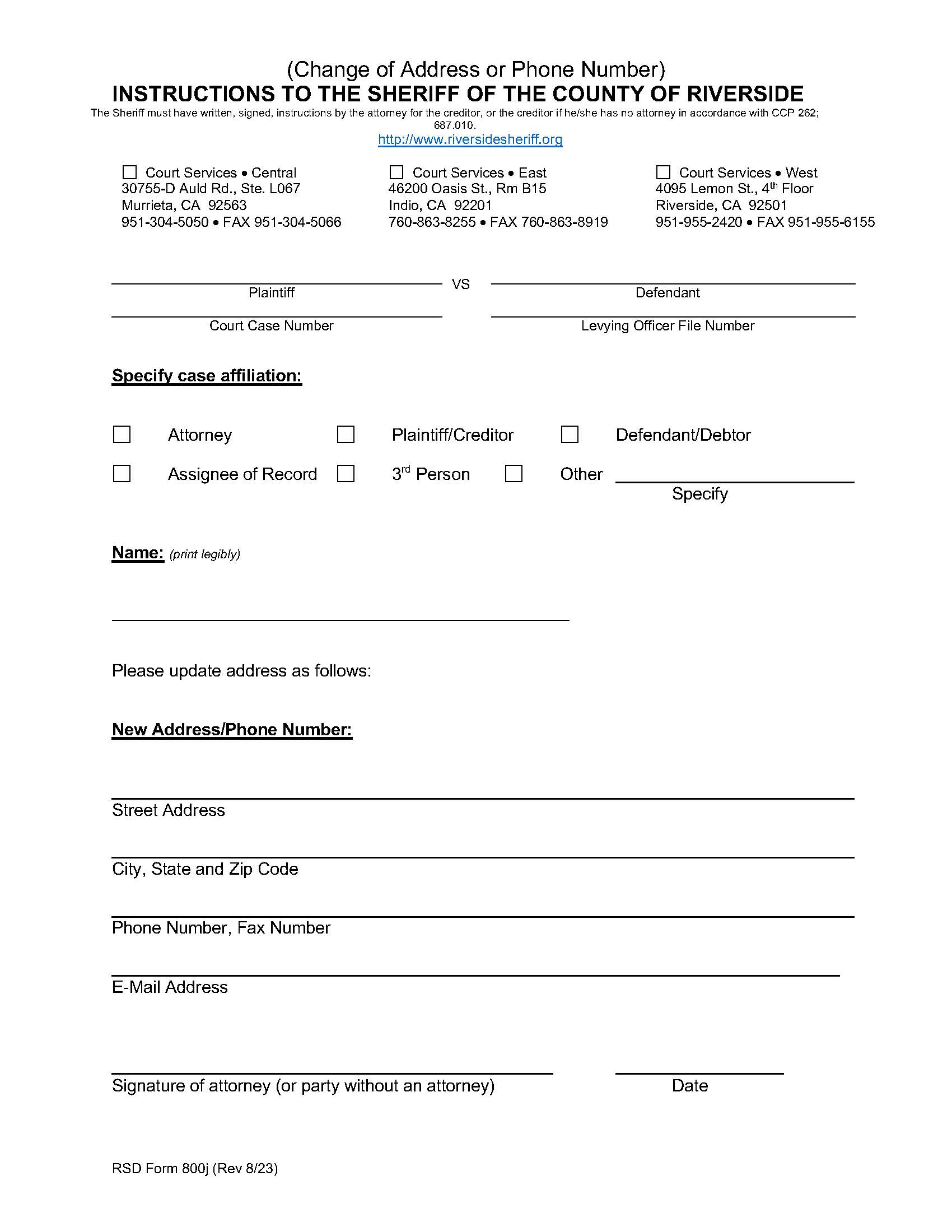 Instructions To The Sheriff (Change Of Address Or Phone Numbers) {800j} | Pdf Fpdf Doc Docx | California