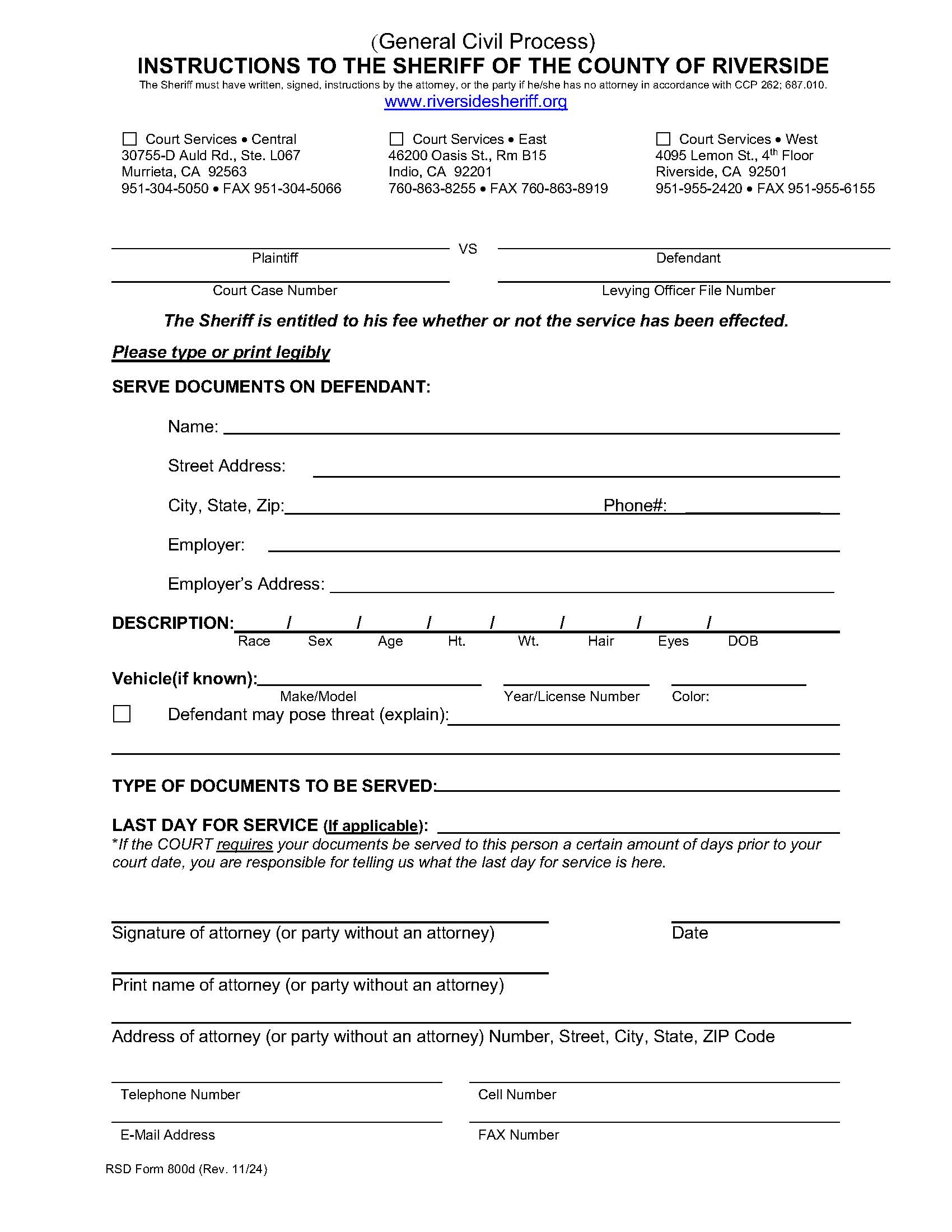 Instructions To The Sheriff (General Civil Process) {800d} | Pdf Fpdf Docx | California