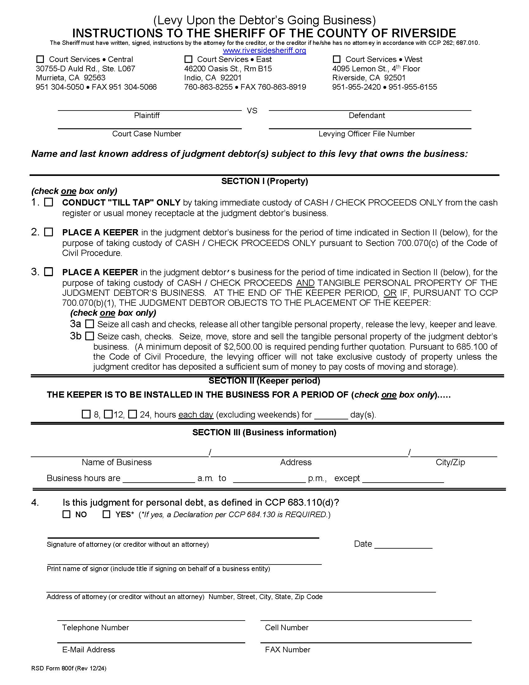 Instructions To The Sheriff (Levy Upon The Debtors Going Business) {800f} | Pdf Fpdf Docx | California